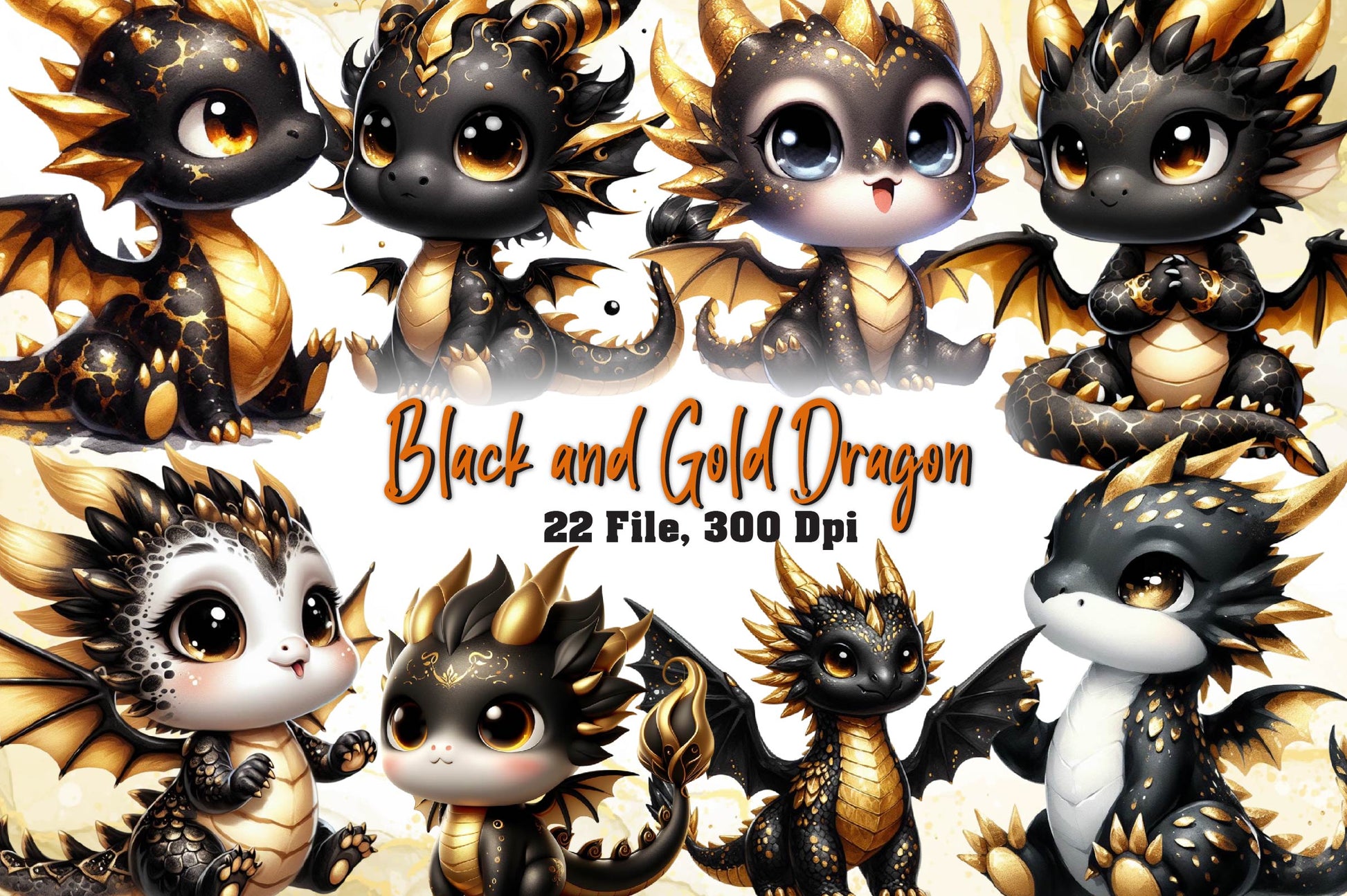 Cute Black And Gold Baby Dragon Clipart Bundle - CraftNest - Digital Crafting and Art