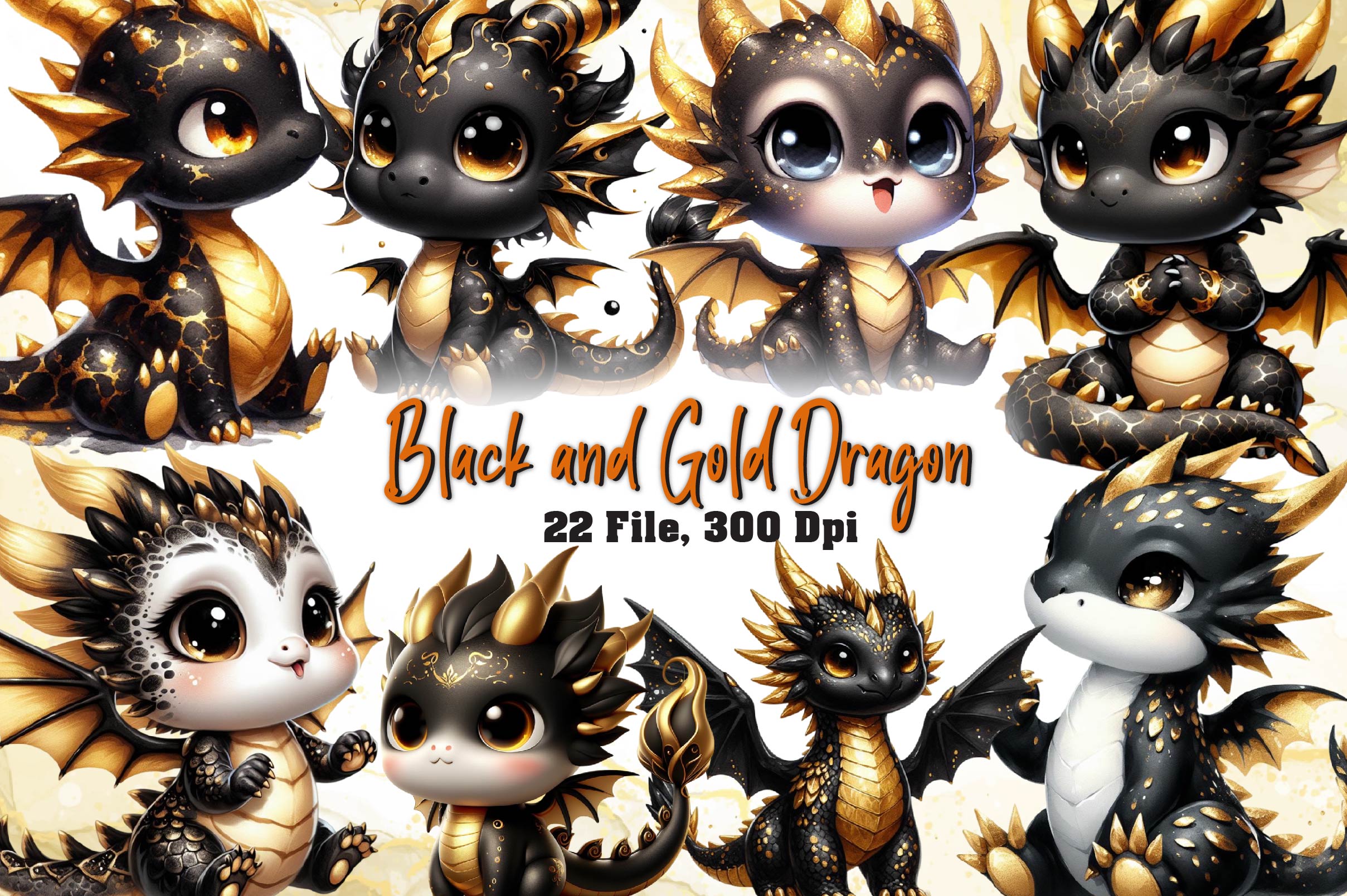 Cute Black And Gold Baby Dragon Clipart Bundle - CraftNest - Digital Crafting and Art