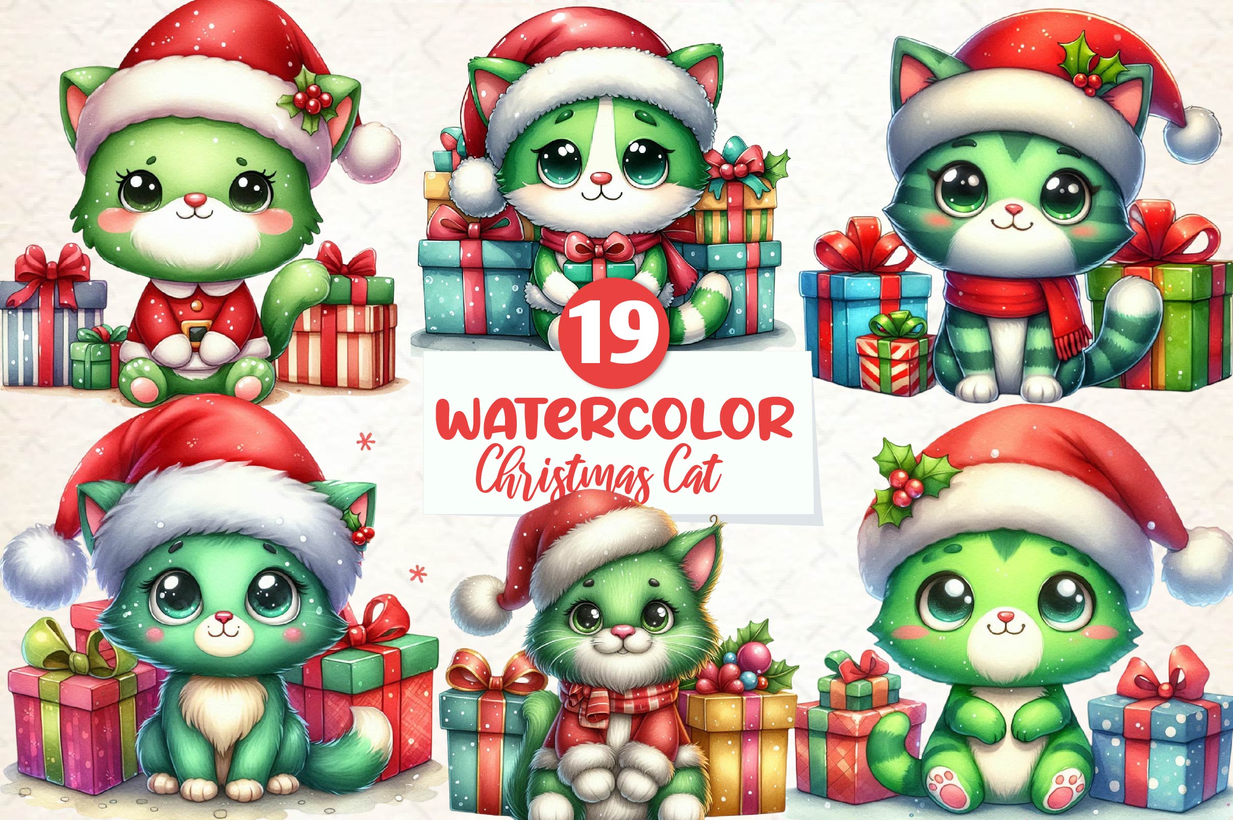 Cute Green Christmas Cat Clipart Bundle - CraftNest - Digital Crafting and Art