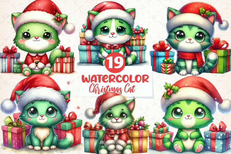 Cute Green Christmas Cat Clipart Bundle - CraftNest - Digital Crafting and Art