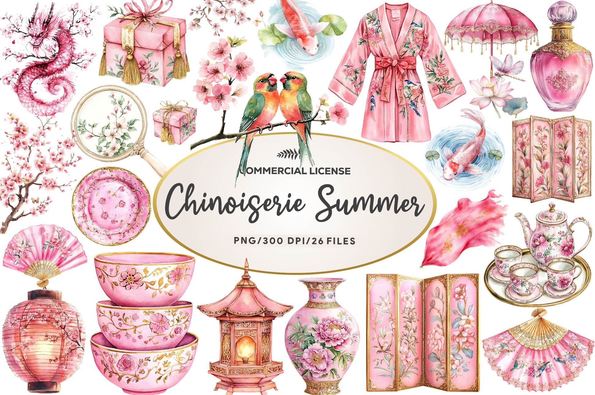 Pink Chinoiserie Summer Clipart Bundle 1 - CraftNest - Digital Crafting and Art