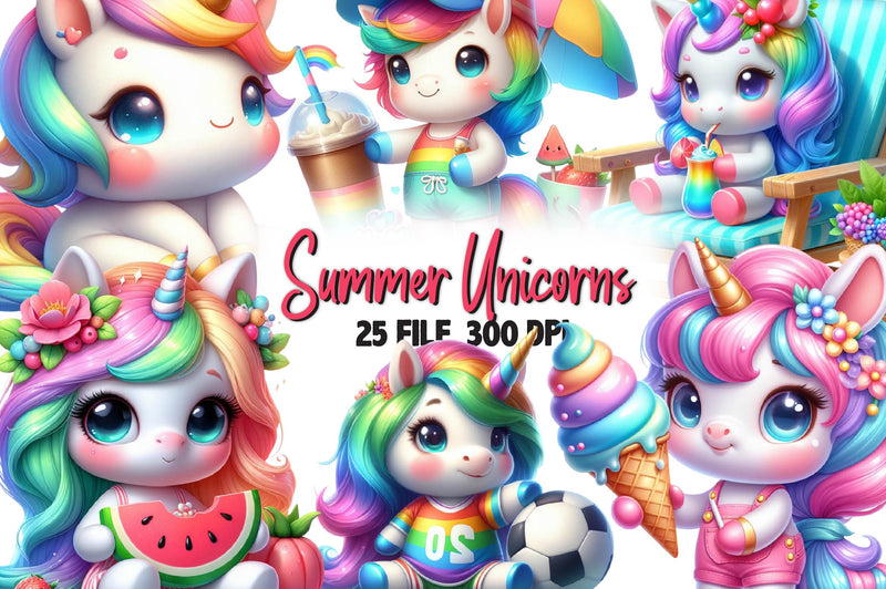 Cute Summer Unicorns Clipart Bundle - CraftNest - Digital Crafting and Art