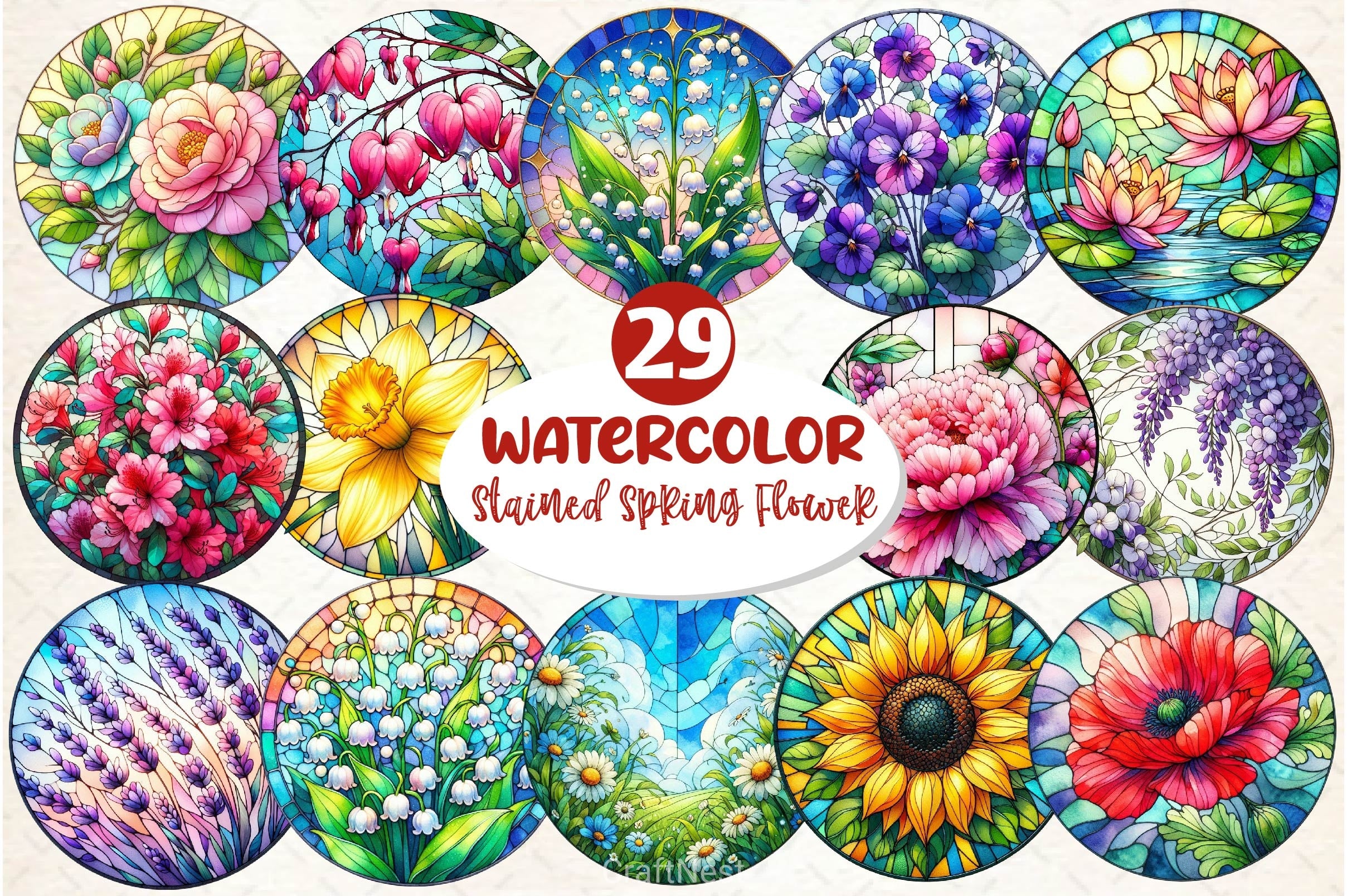 Round Stained Glass Spring Flower Clipart Bundle - CraftNest - Digital Crafting and Art