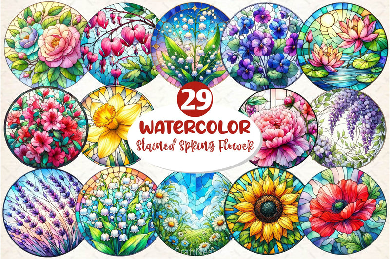 Round Stained Glass Spring Flower Clipart Bundle - CraftNest - Digital Crafting and Art