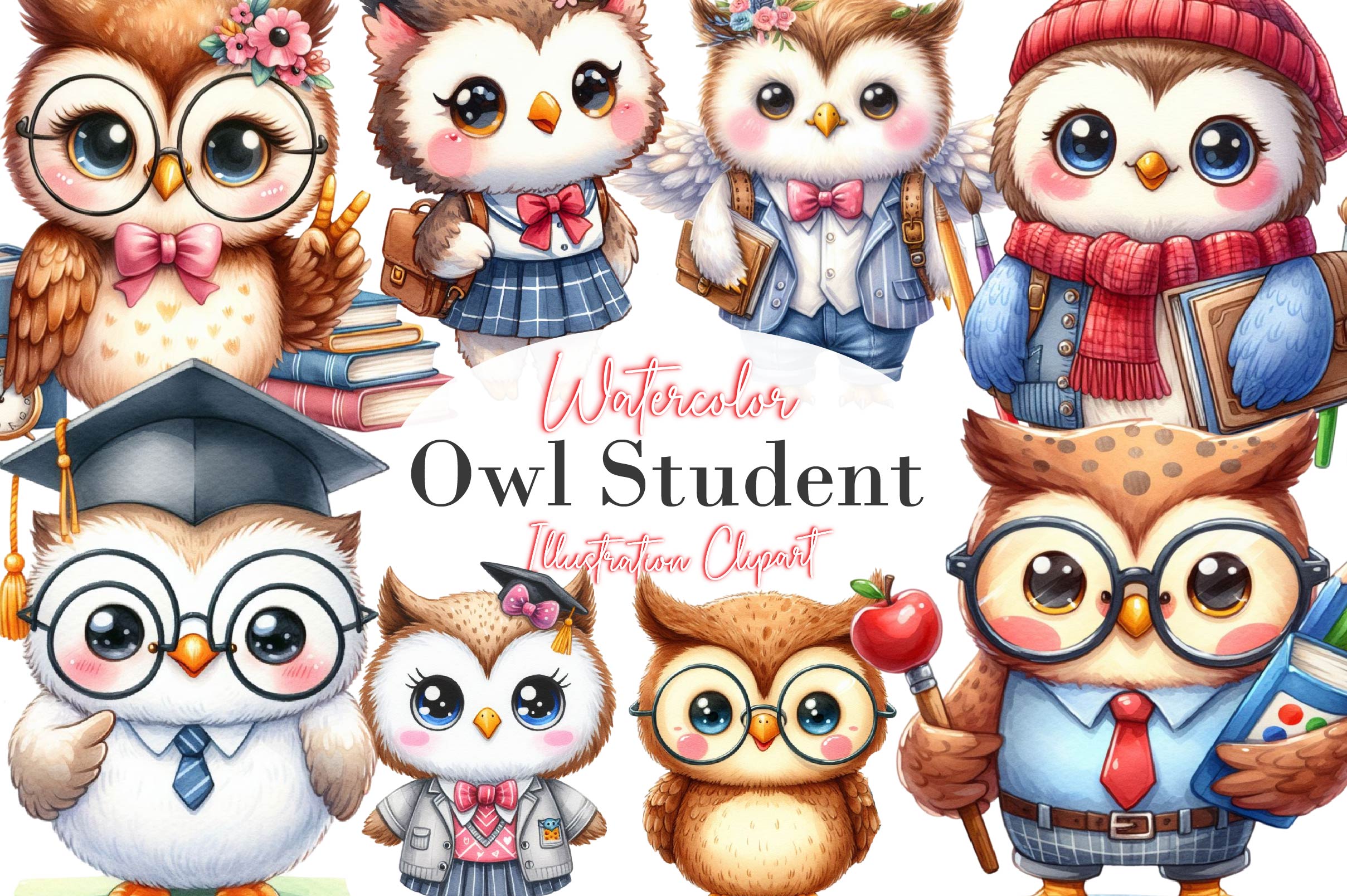 Cute Owl Student Cartoon Clipart Bundle - CraftNest - Digital Crafting and Art