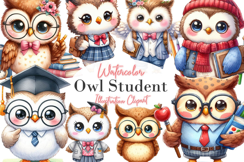 Cute Owl Student Cartoon Clipart Bundle - CraftNest - Digital Crafting and Art