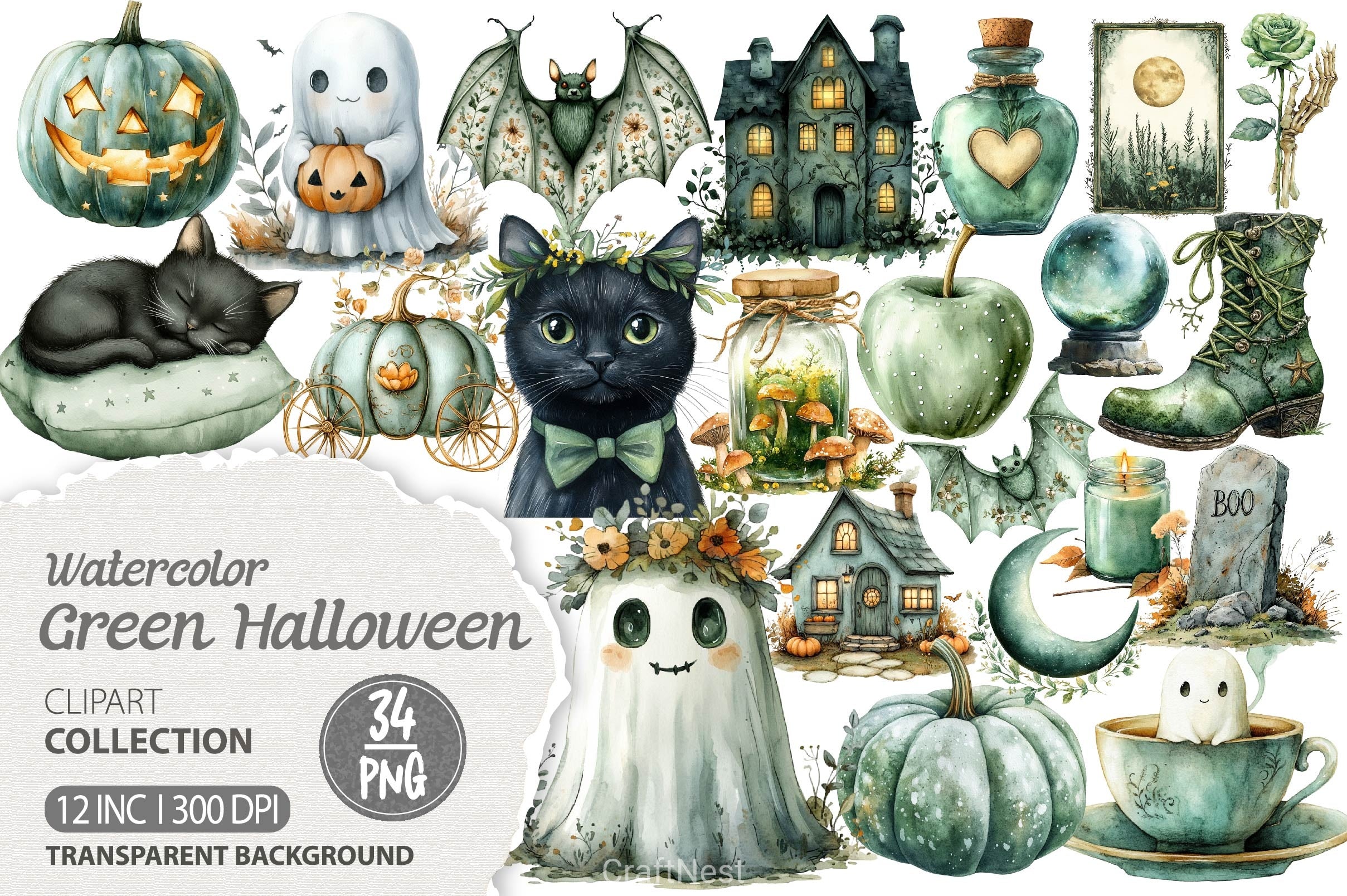 Sage Green Halloween Clipart Bundle - CraftNest - Digital Crafting and Art
