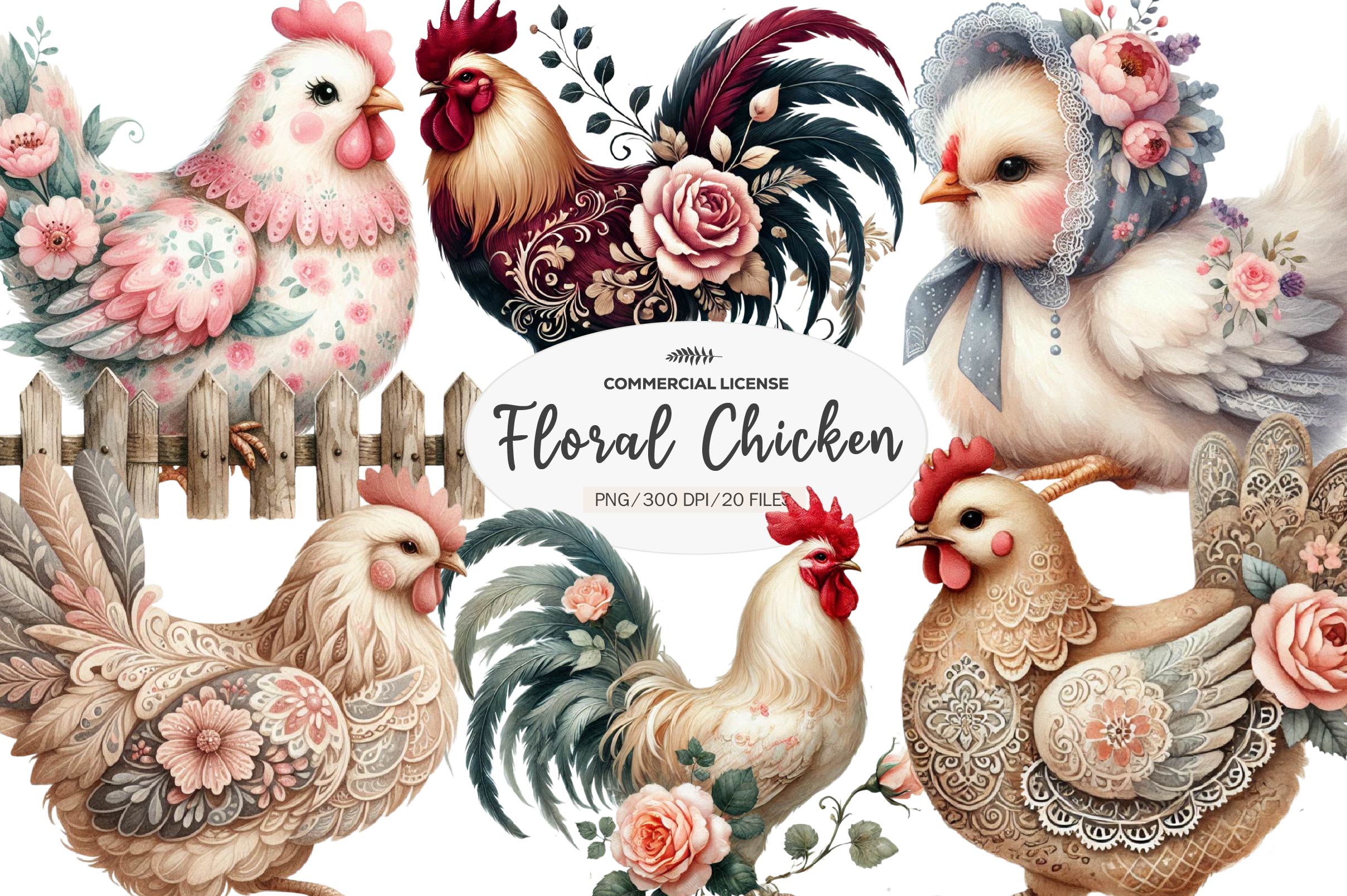 Vintage Spring Floral Chicken Clipart Bundle - CraftNest - Digital Crafting and Art