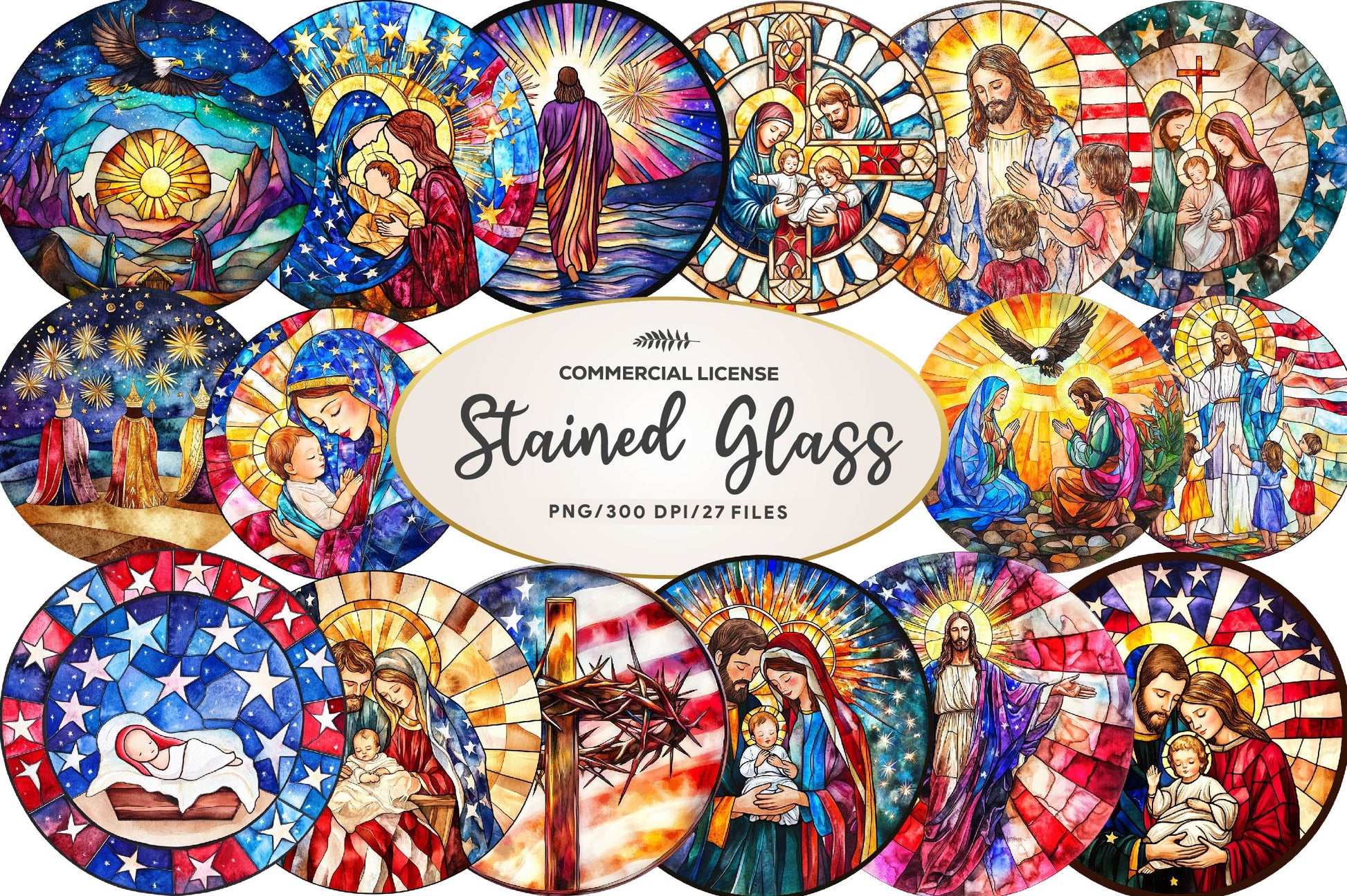 Round Stained Glass 4th Of July Nativity Clipart Bundle - CraftNest - Digital Crafting and Art