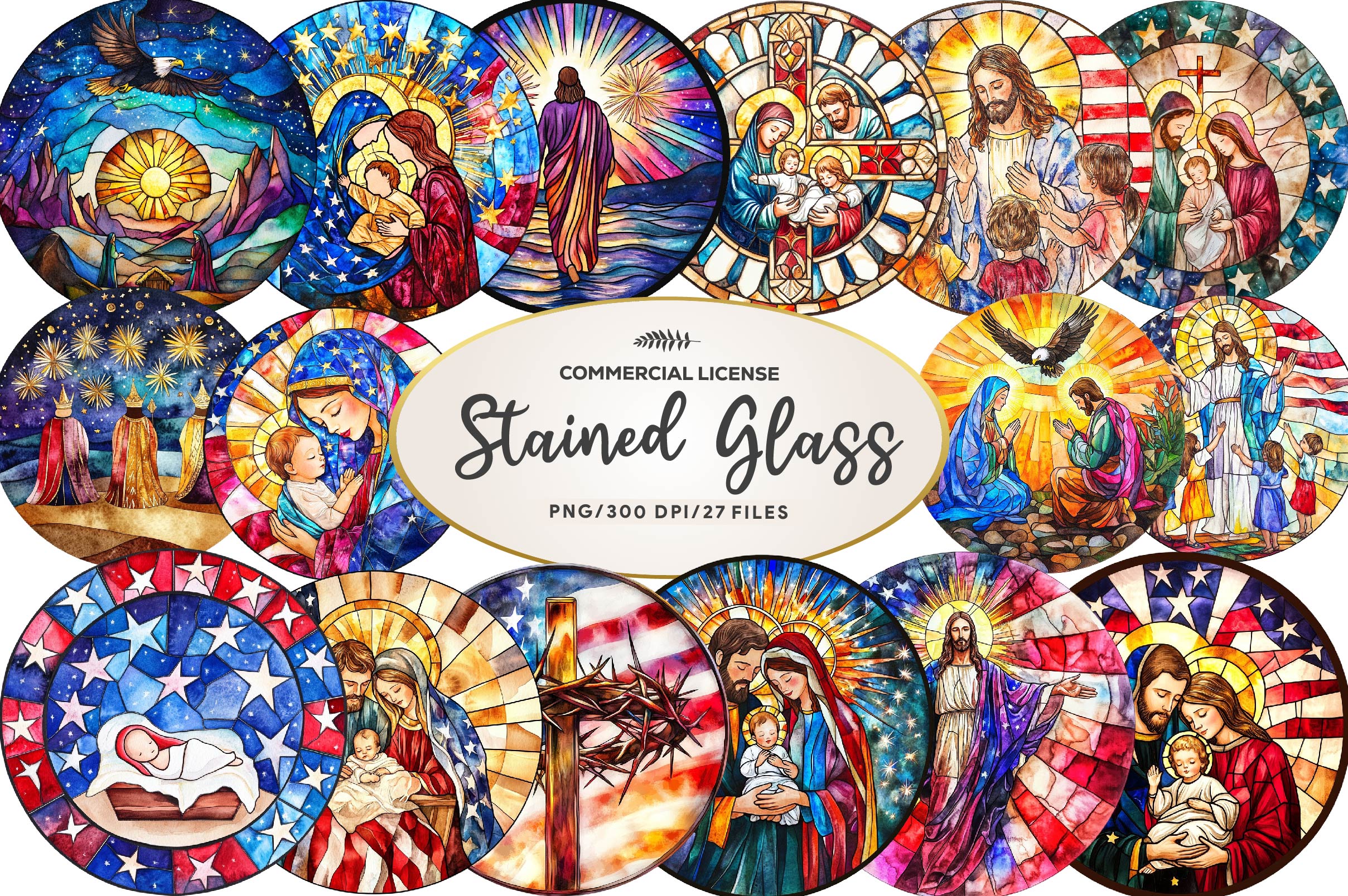 Round Stained Glass 4th Of July Nativity Clipart Bundle - CraftNest - Digital Crafting and Art
