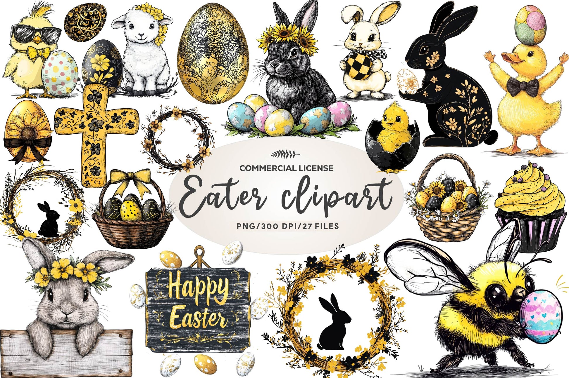 Black And Yellow Easter Clipart Bundle - CraftNest - Digital Crafting and Art