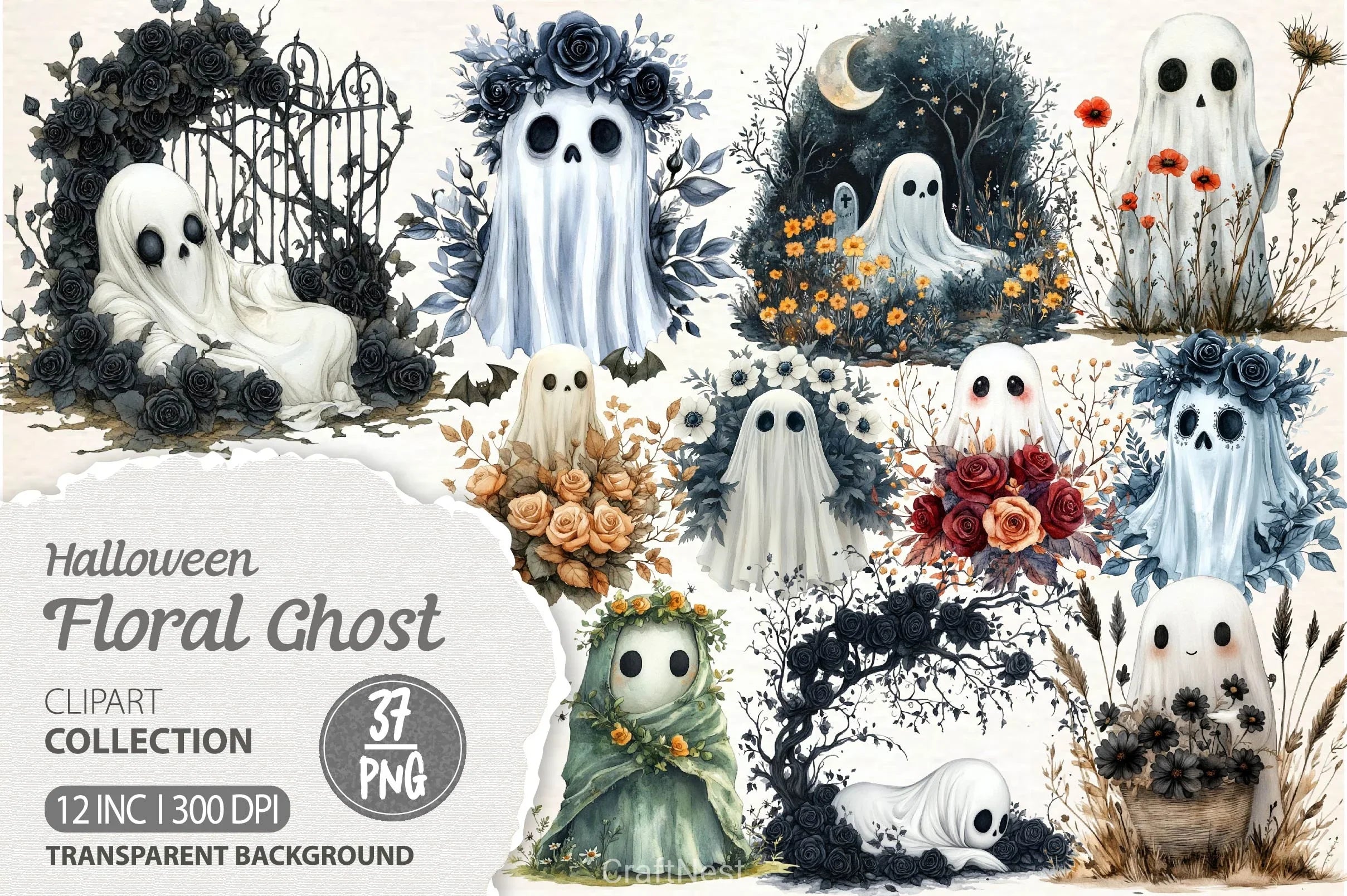 Halloween Floral Ghost Clipart Bundle 3 - CraftNest - Digital Crafting and Art