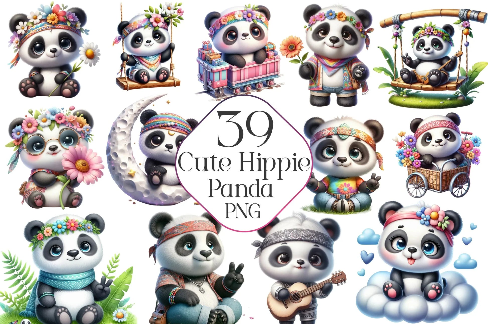 Hippie Cute Panda Clipart Bundle - CraftNest - Digital Crafting and Art