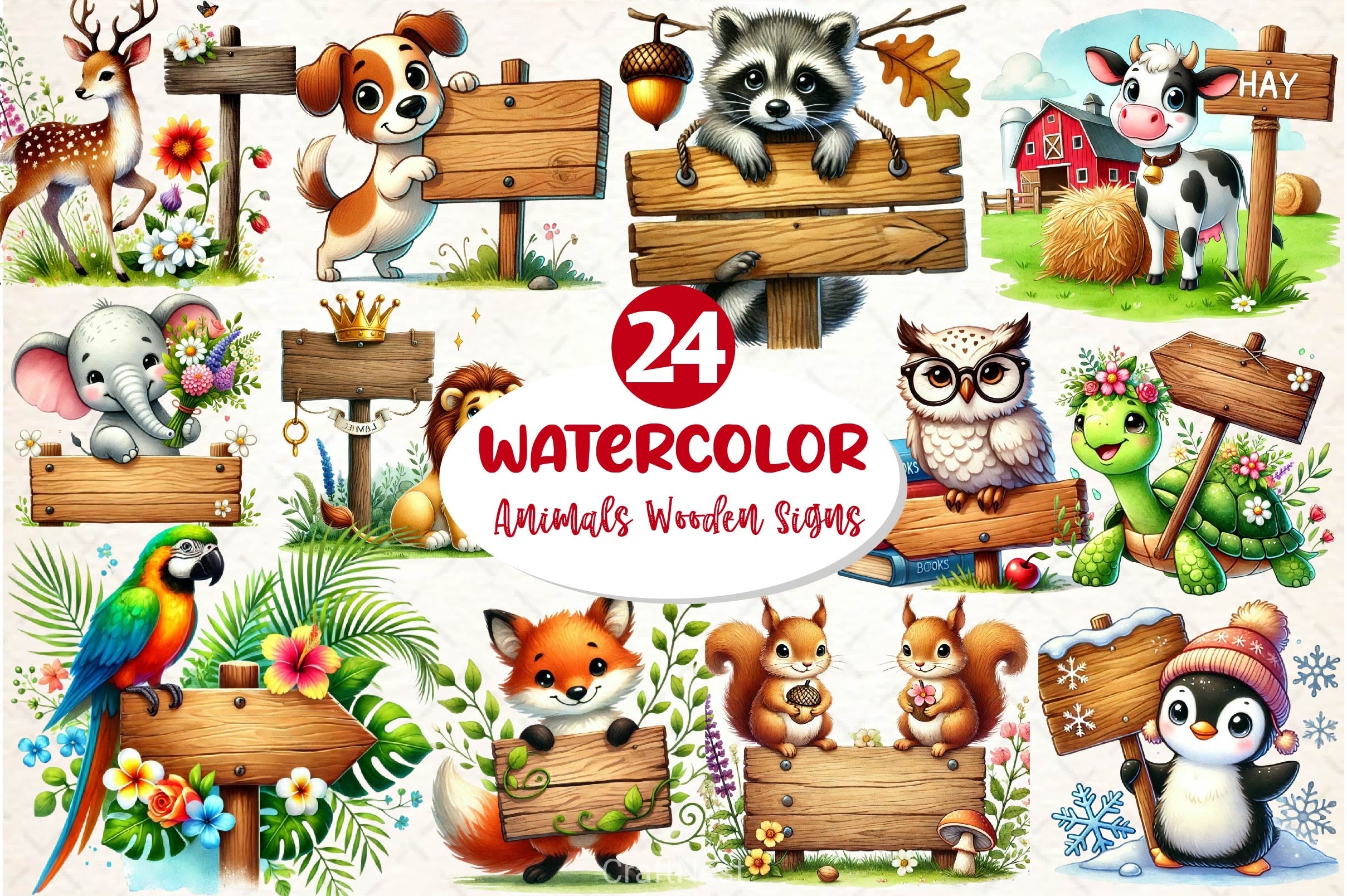 Animals With Wooden Signs Clipart Bundle - CraftNest - Digital Crafting and Art