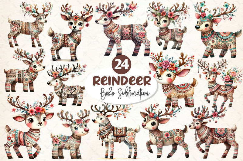 Christmas Boho Reindeer Clipart Bundle - CraftNest - Digital Crafting and Art