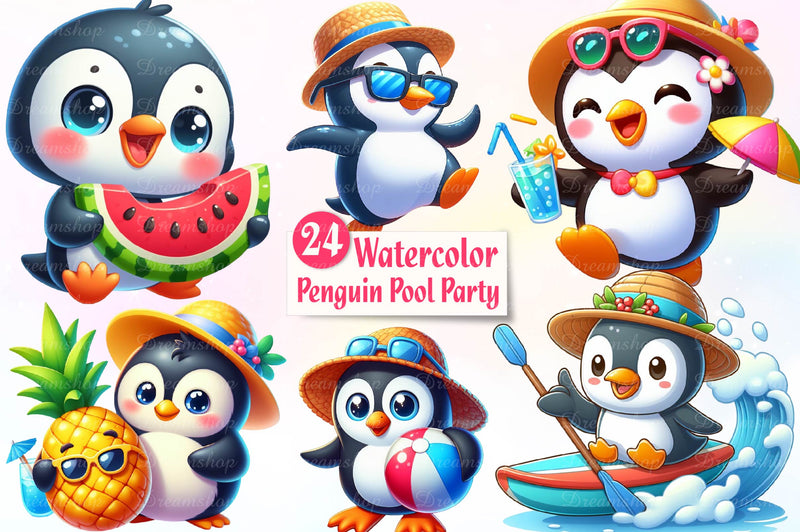 Funny Penguin In Pool Party Clipart Bundle - CraftNest - Digital Crafting and Art