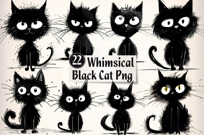 Whimsical Black Cat Clipart Bundle - CraftNest - Digital Crafting and Art
