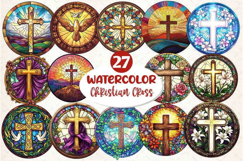 Christian Cross Round Stained Glass Art Clipart Bundle - CraftNest - Digital Crafting and Art