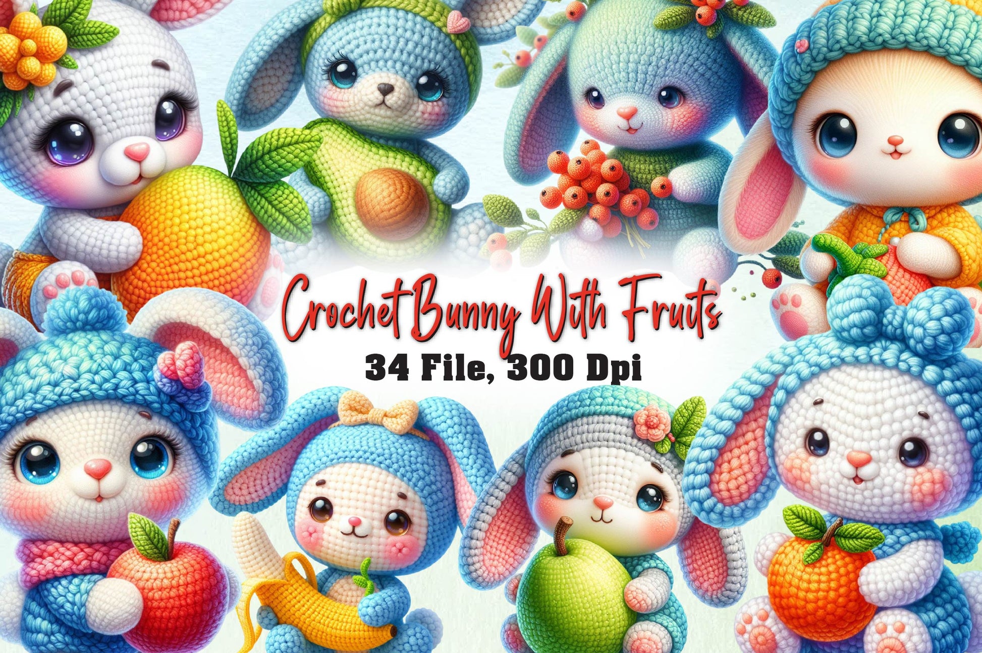 Crochet Bunny With Fruits Clipart Bundle - CraftNest - Digital Crafting and Art