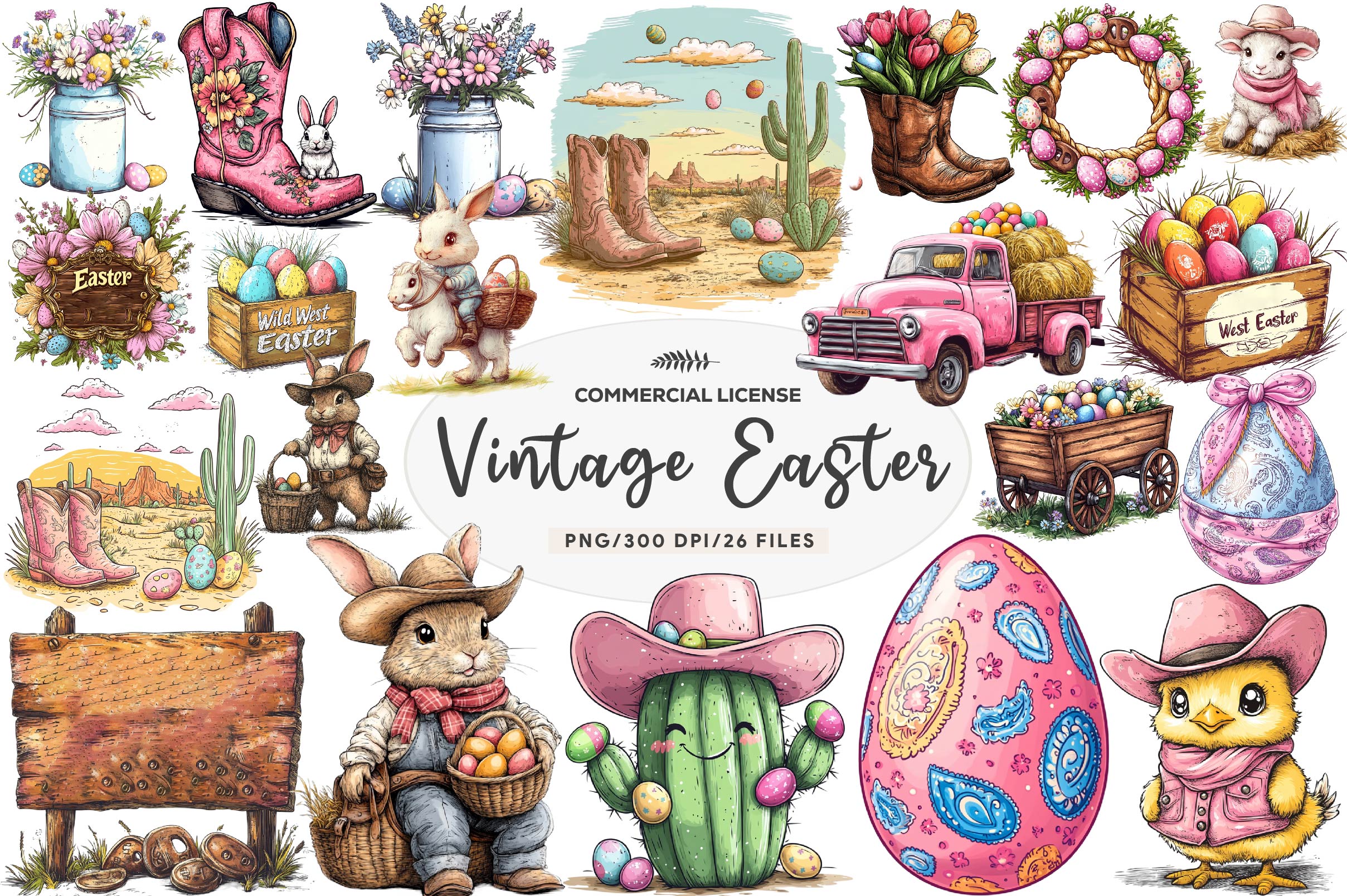 Vintage Pink Easter Western Clipart Bundle 1 - CraftNest - Digital Crafting and Art
