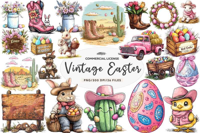 Vintage Pink Easter Western Clipart Bundle 1 - CraftNest - Digital Crafting and Art
