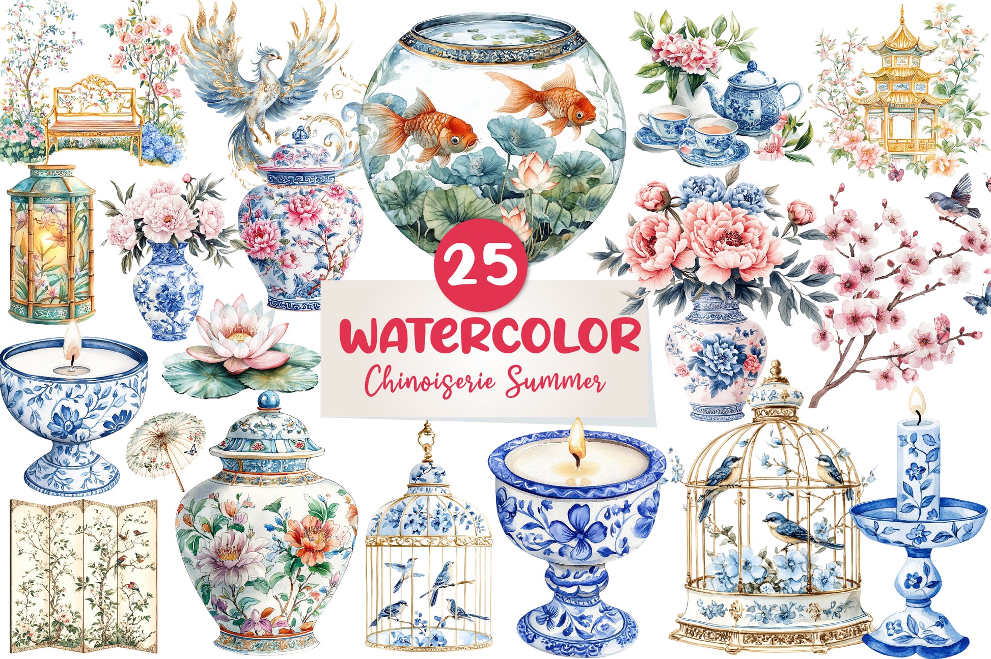 Chinoiserie Summer Clipart Bundle - CraftNest - Digital Crafting and Art