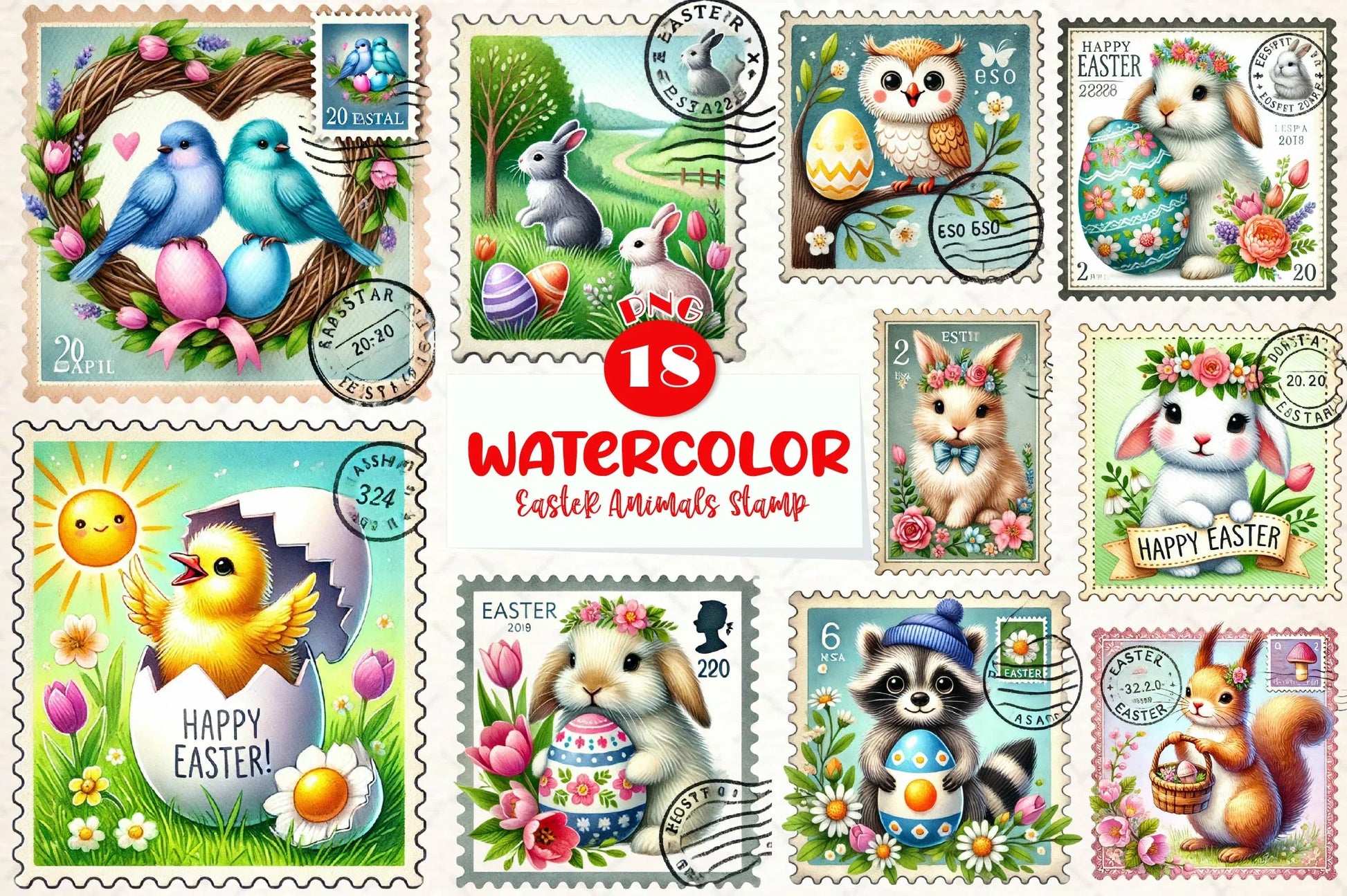 Easter Animals Postage Stamp Clipart Bundle - CraftNest - Digital Crafting and Art