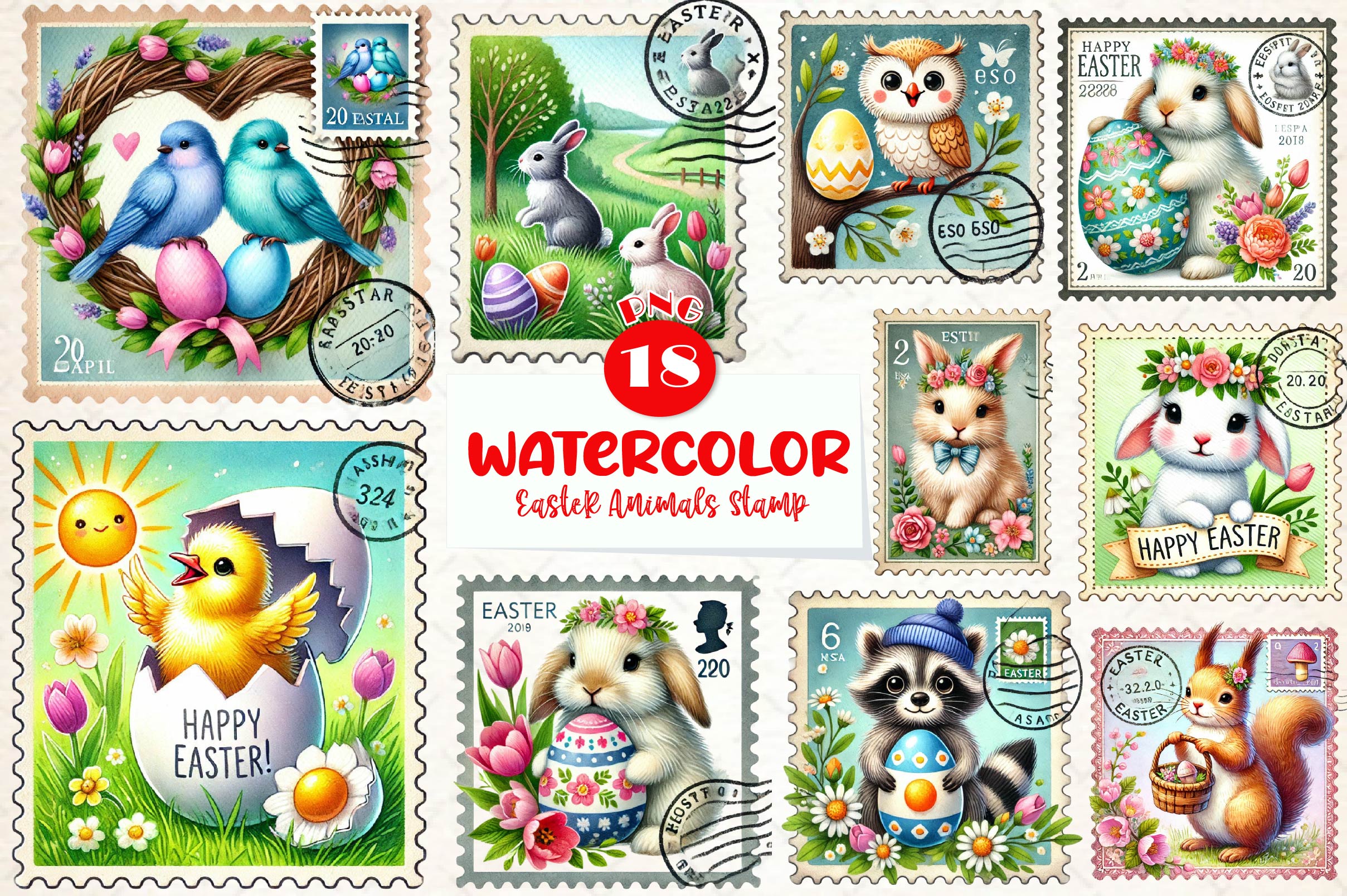 Easter Animals Postage Stamp Clipart Bundle - CraftNest - Digital Crafting and Art