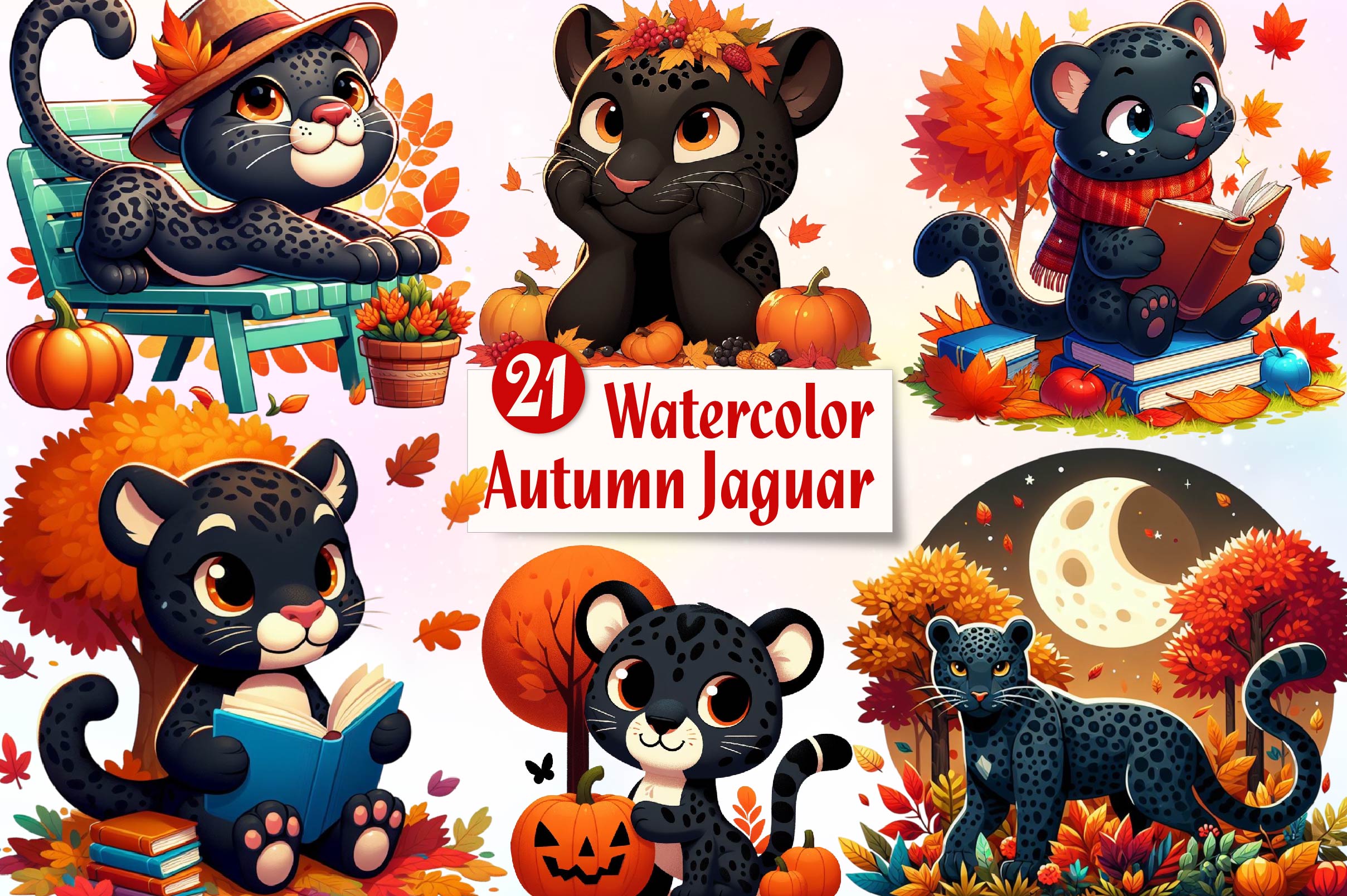 Cute Autumn Jaguar Clipart Bundle - CraftNest - Digital Crafting and Art