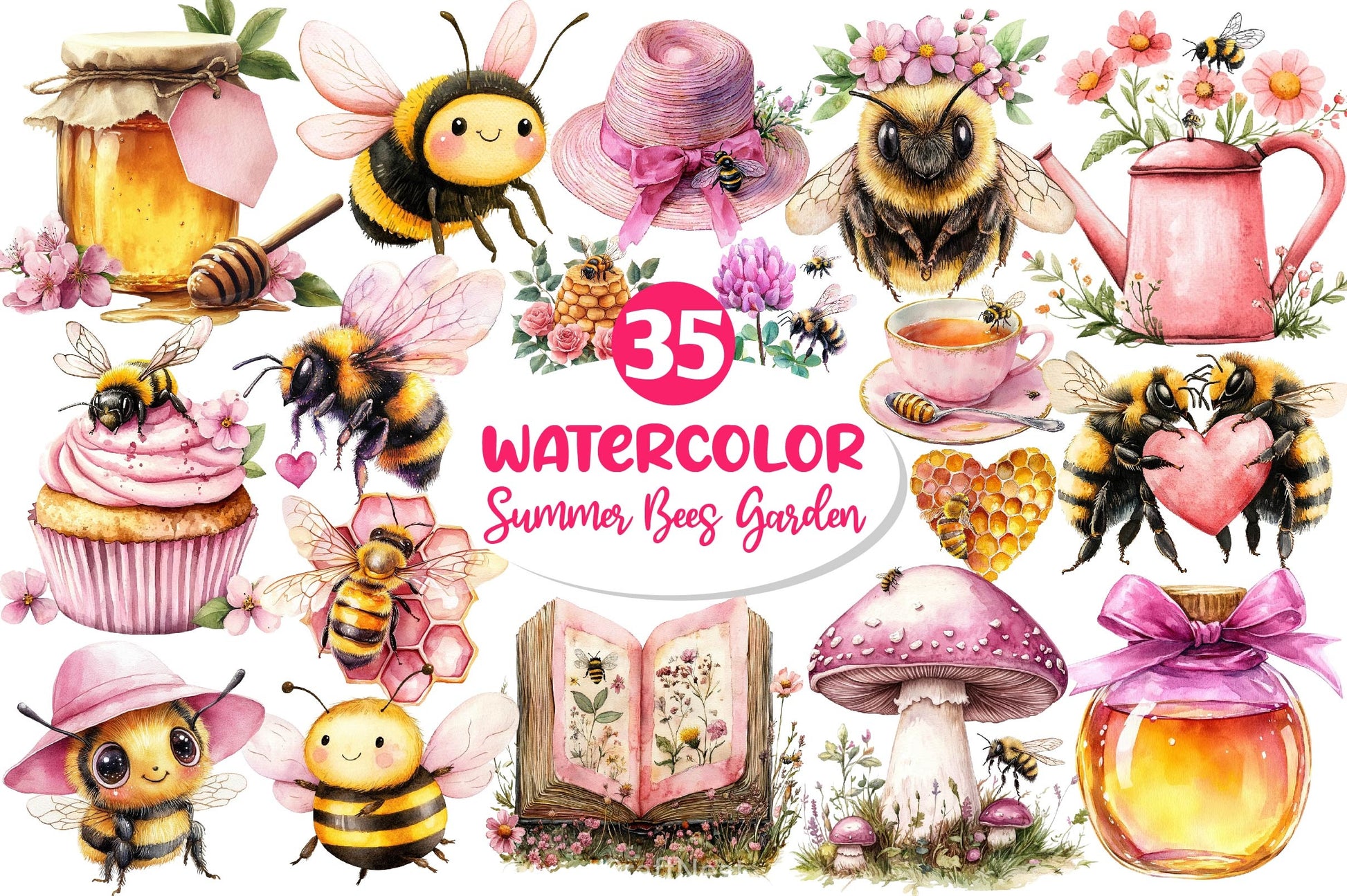 Pink Summer Bees Garden Clipart Bundle 2 - CraftNest - Digital Crafting and Art