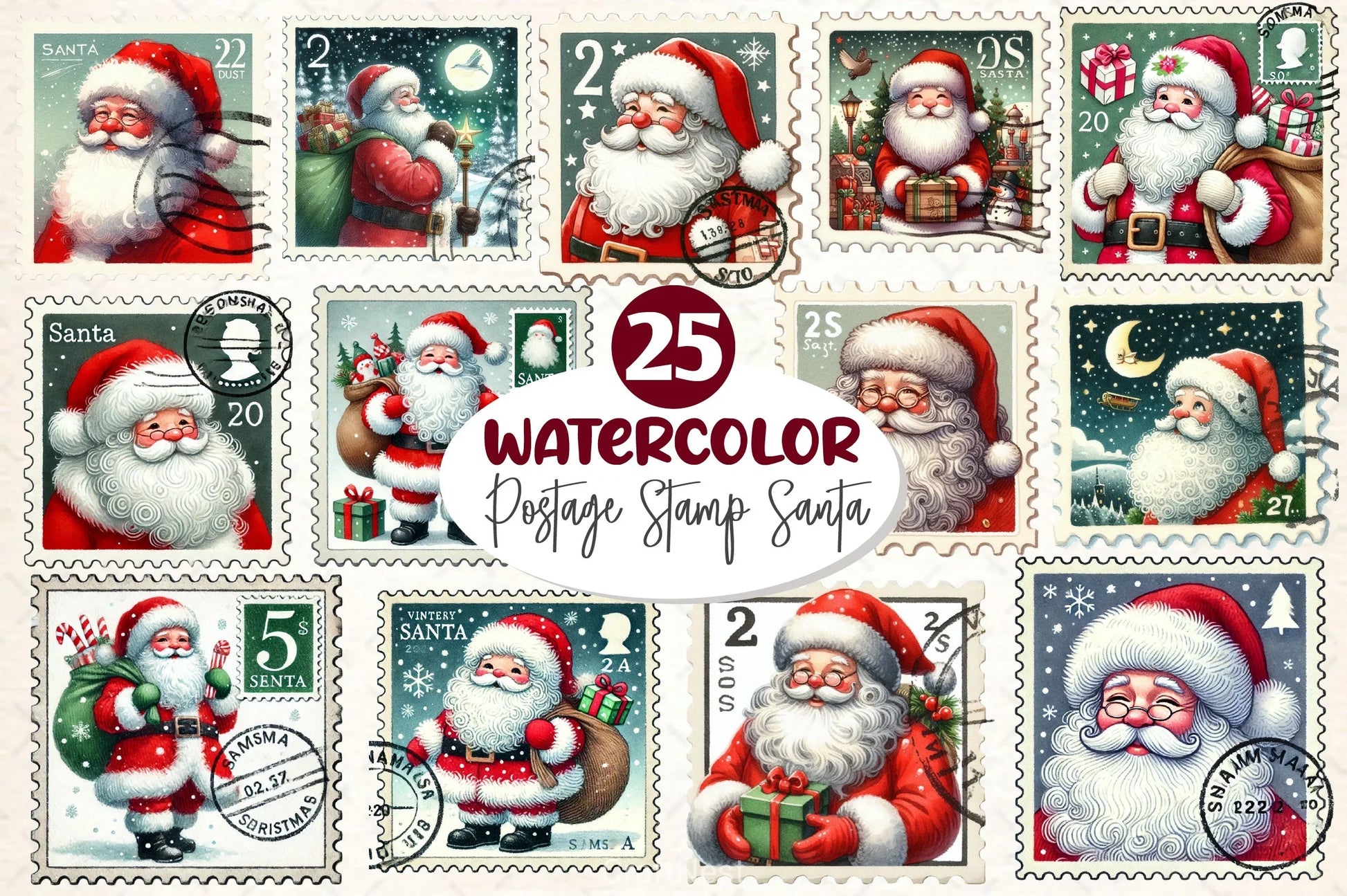 Postage Stamp Santa Claus Clipart Bundle 2 - CraftNest - Digital Crafting and Art