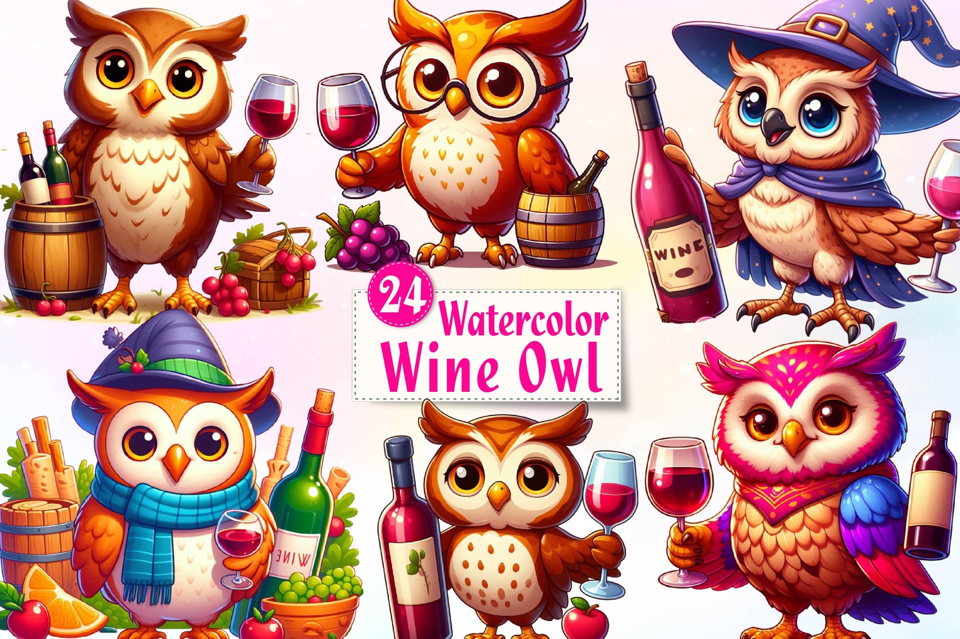 Wine Owl Clipart Bundle - CraftNest - Digital Crafting and Art
