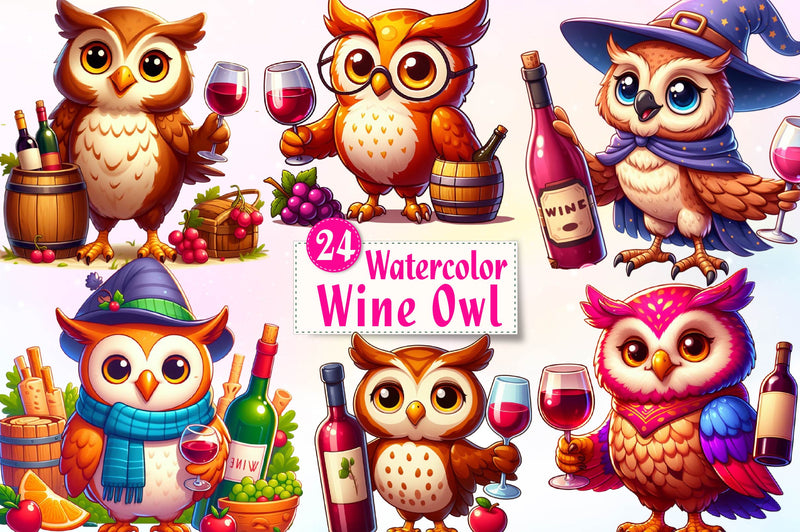 Wine Owl Clipart Bundle - CraftNest - Digital Crafting and Art