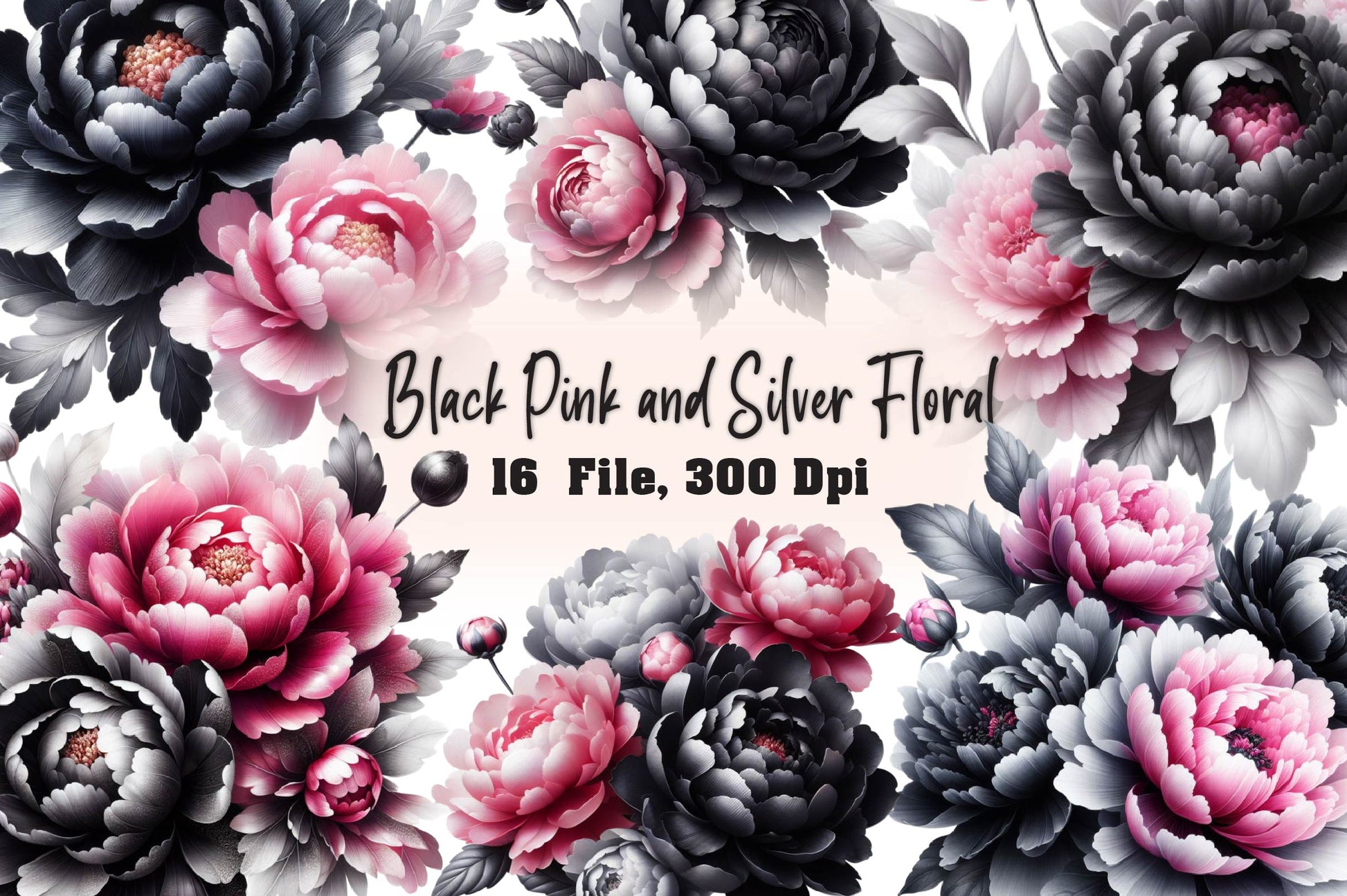 Black Pink And Silver Floral Clipart Bundle - CraftNest - Digital Crafting and Art