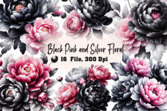 Black Pink And Silver Floral Clipart Bundle - CraftNest - Digital Crafting and Art