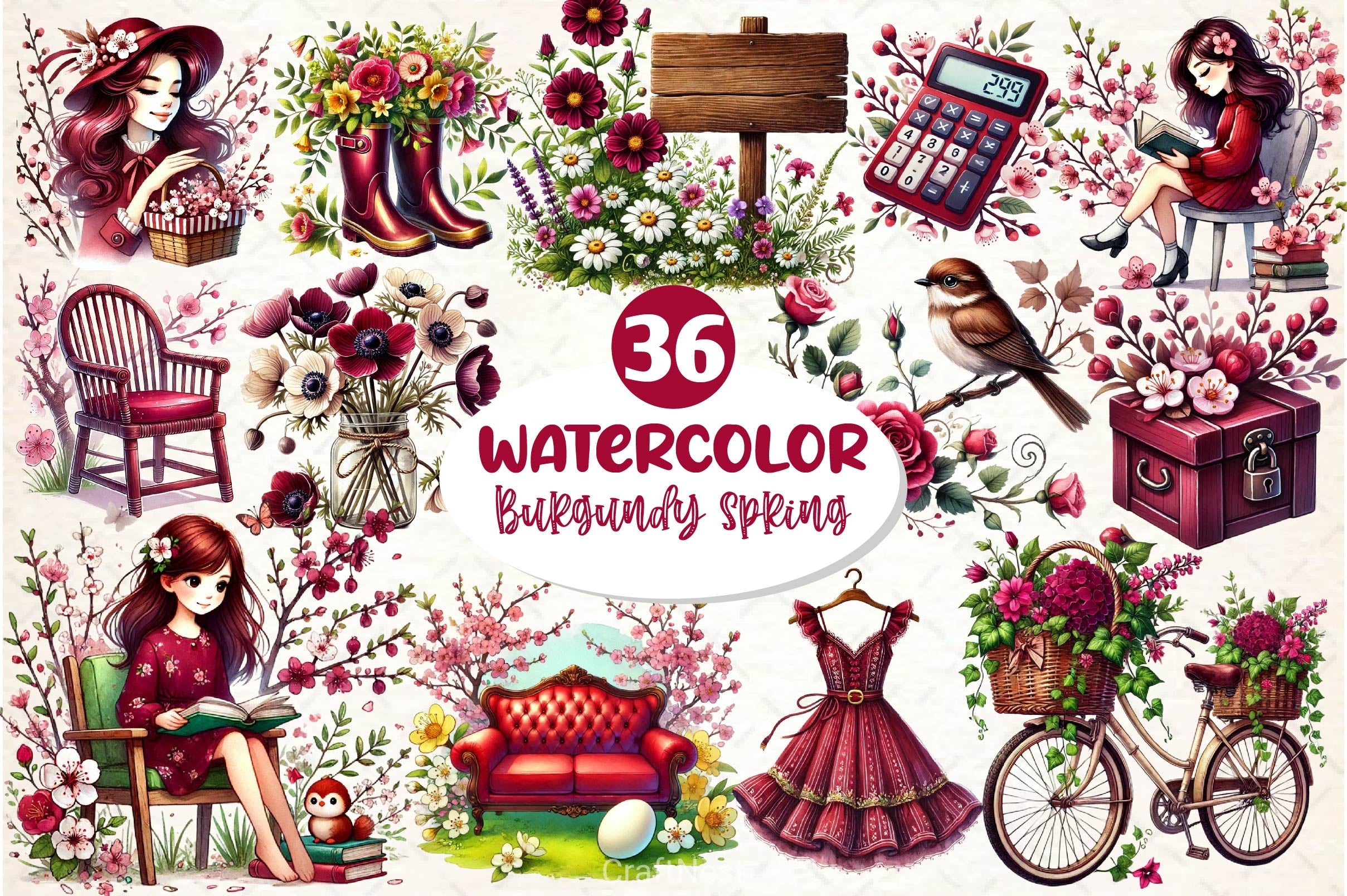 Burgundy Spring Clipart Bundle 7 - CraftNest - Digital Crafting and Art