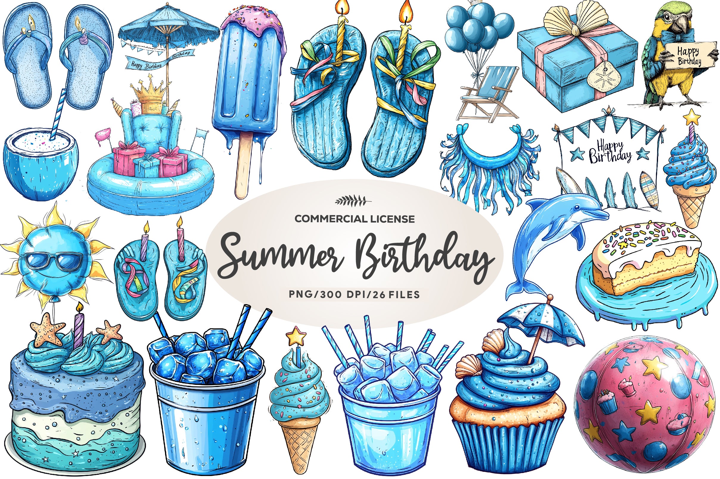 Summer Happy Birthday Clipart Bundle 1 - CraftNest - Digital Crafting and Art
