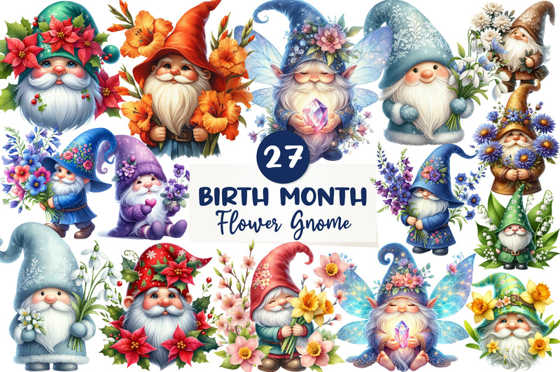 Birth Month Flower Gnome Clipart Bundle - CraftNest - Digital Crafting and Art