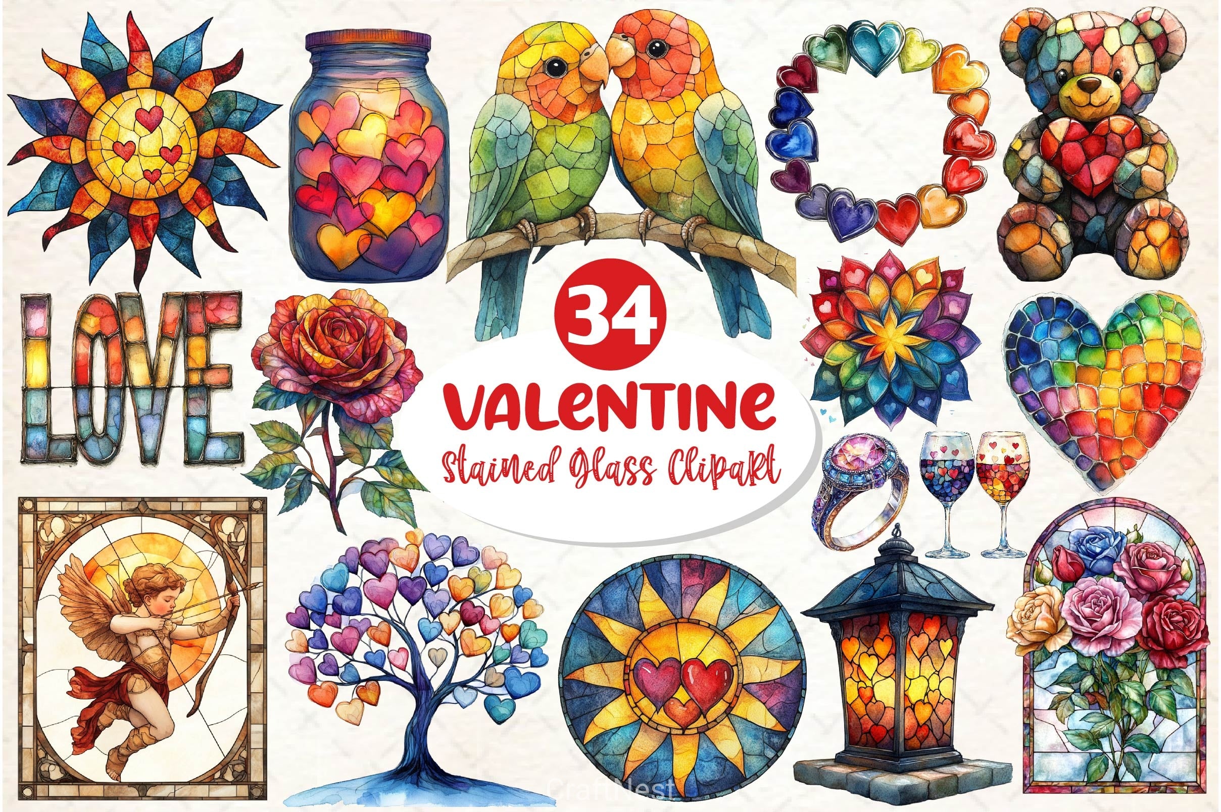 Stained Glass Valentines Clipart Bundle - CraftNest - Digital Crafting and Art