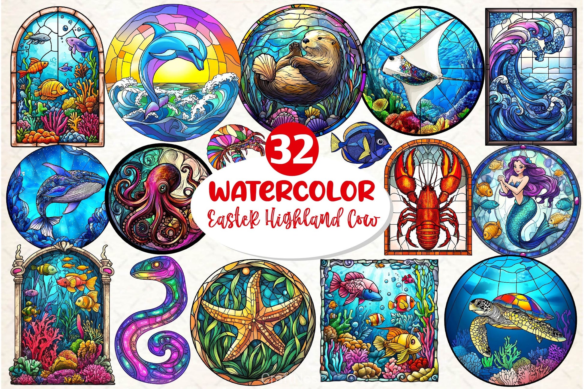 Round Stained Glass Sea Animals Clipart Bundle - CraftNest - Digital Crafting and Art