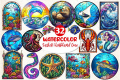 Round Stained Glass Sea Animals Clipart Bundle - CraftNest - Digital Crafting and Art