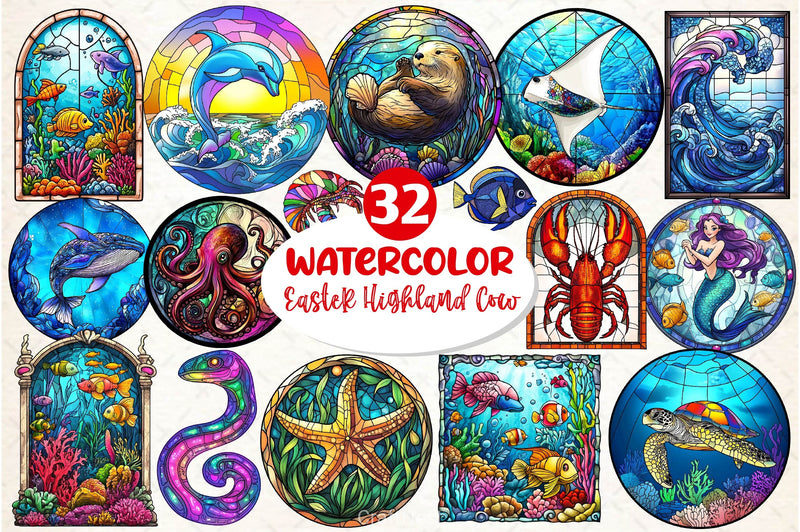 Round Stained Glass Sea Animals Clipart Bundle - CraftNest - Digital Crafting and Art