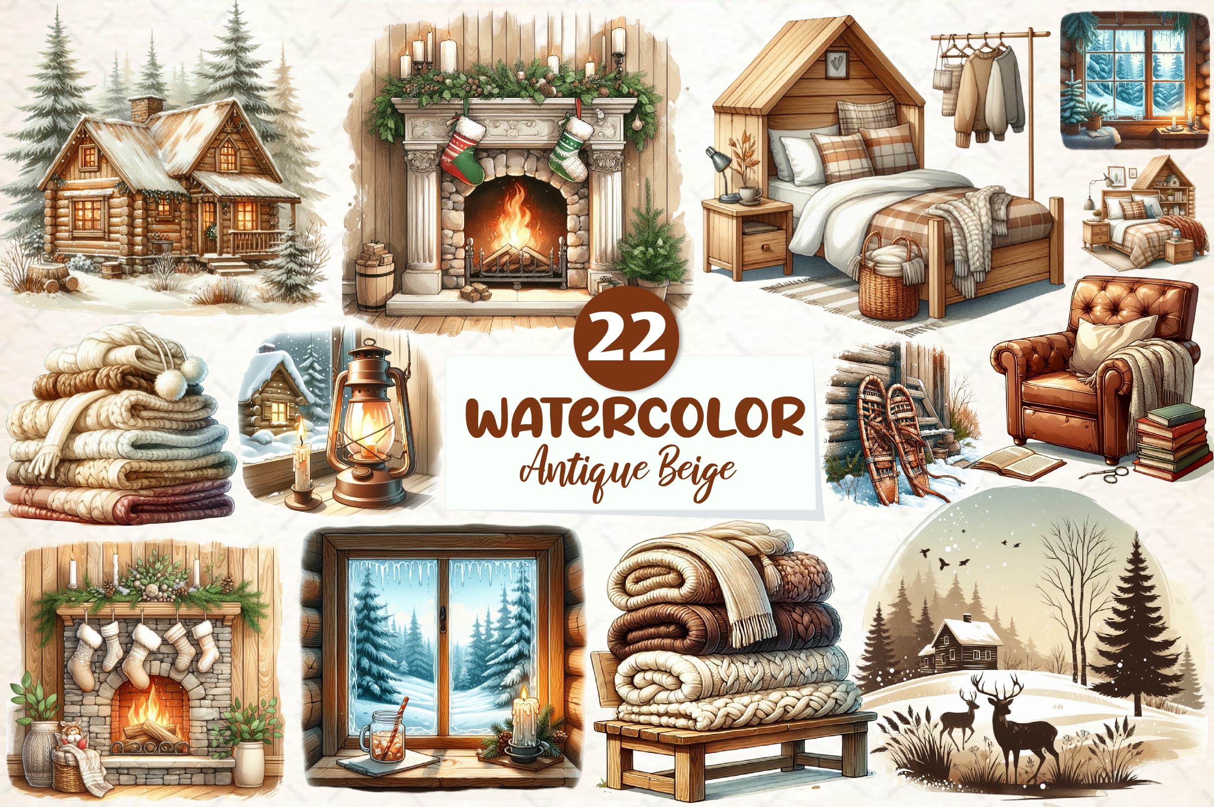 Antique Beige Cozy Cabin Clipart Bundle - CraftNest - Digital Crafting and Art