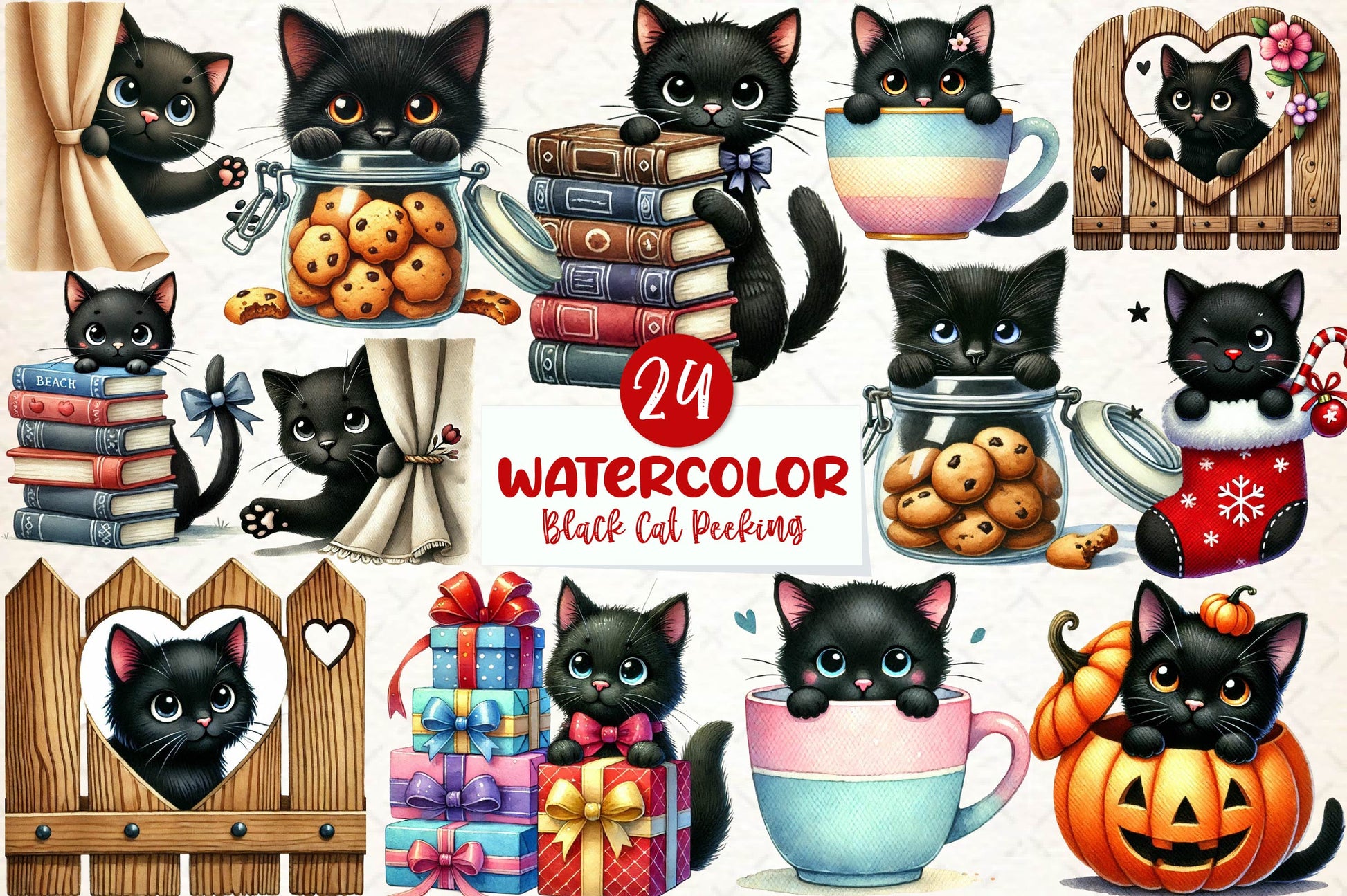 Cute Black Cat Peeking Clipart Bundle - CraftNest - Digital Crafting and Art