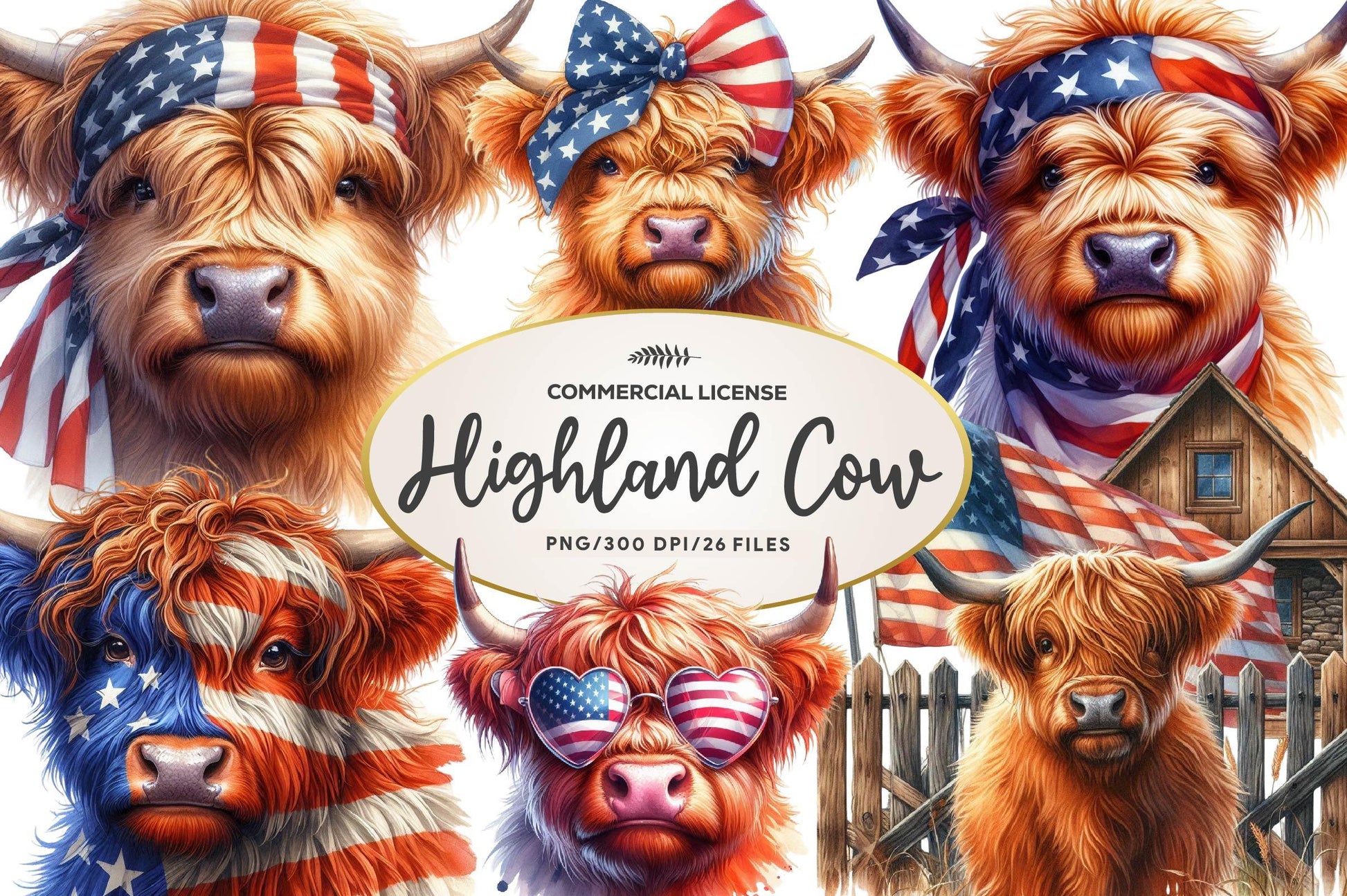 Patriotic Highland Cow Clipart Bundle - CraftNest - Digital Crafting and Art