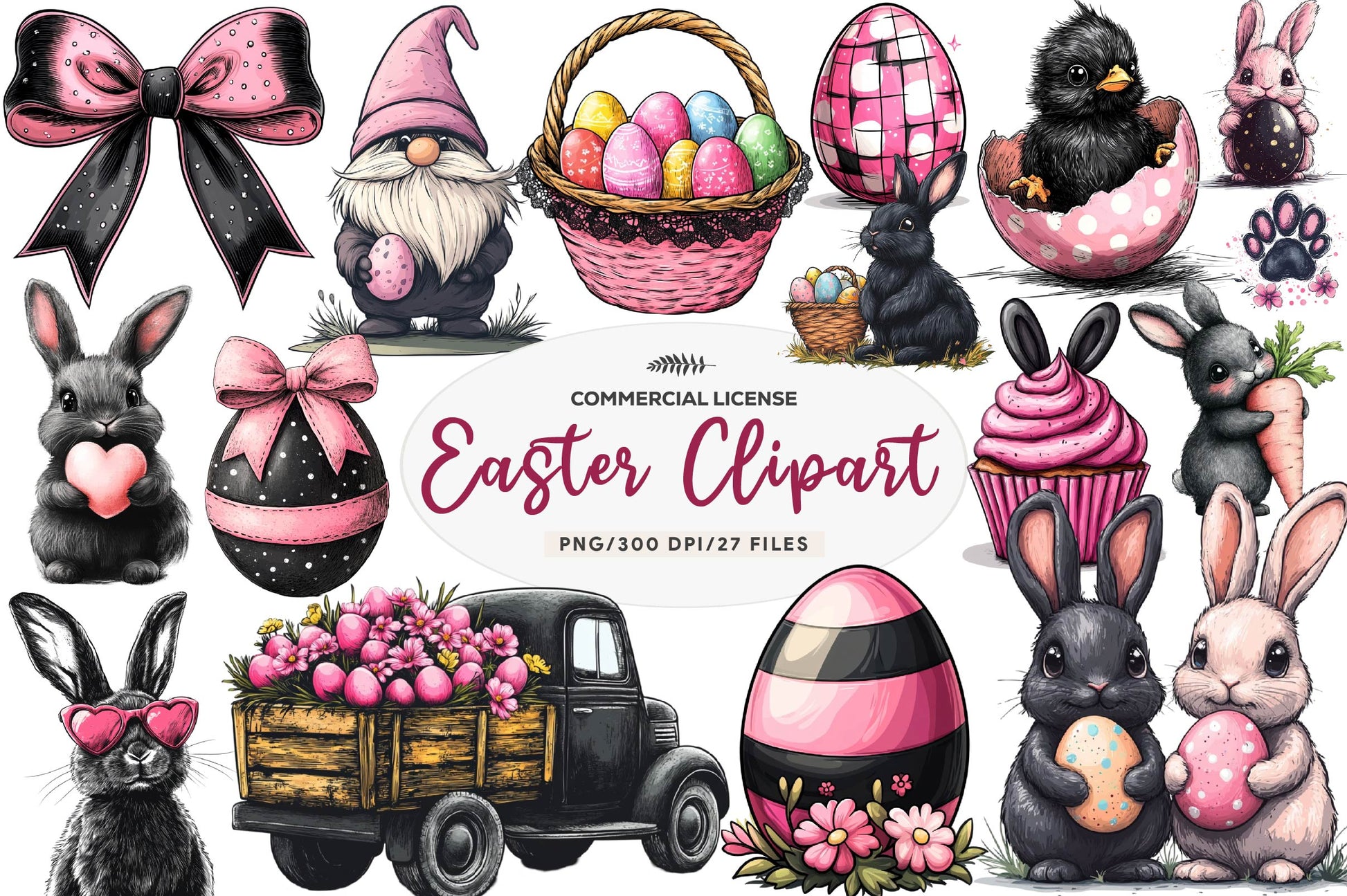 Black & Pink Easter Clipart Bundle - CraftNest - Digital Crafting and Art