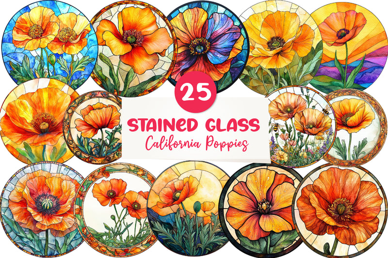 Round Stained Glass California Poppies Clipart Bundle - CraftNest - Digital Crafting and Art