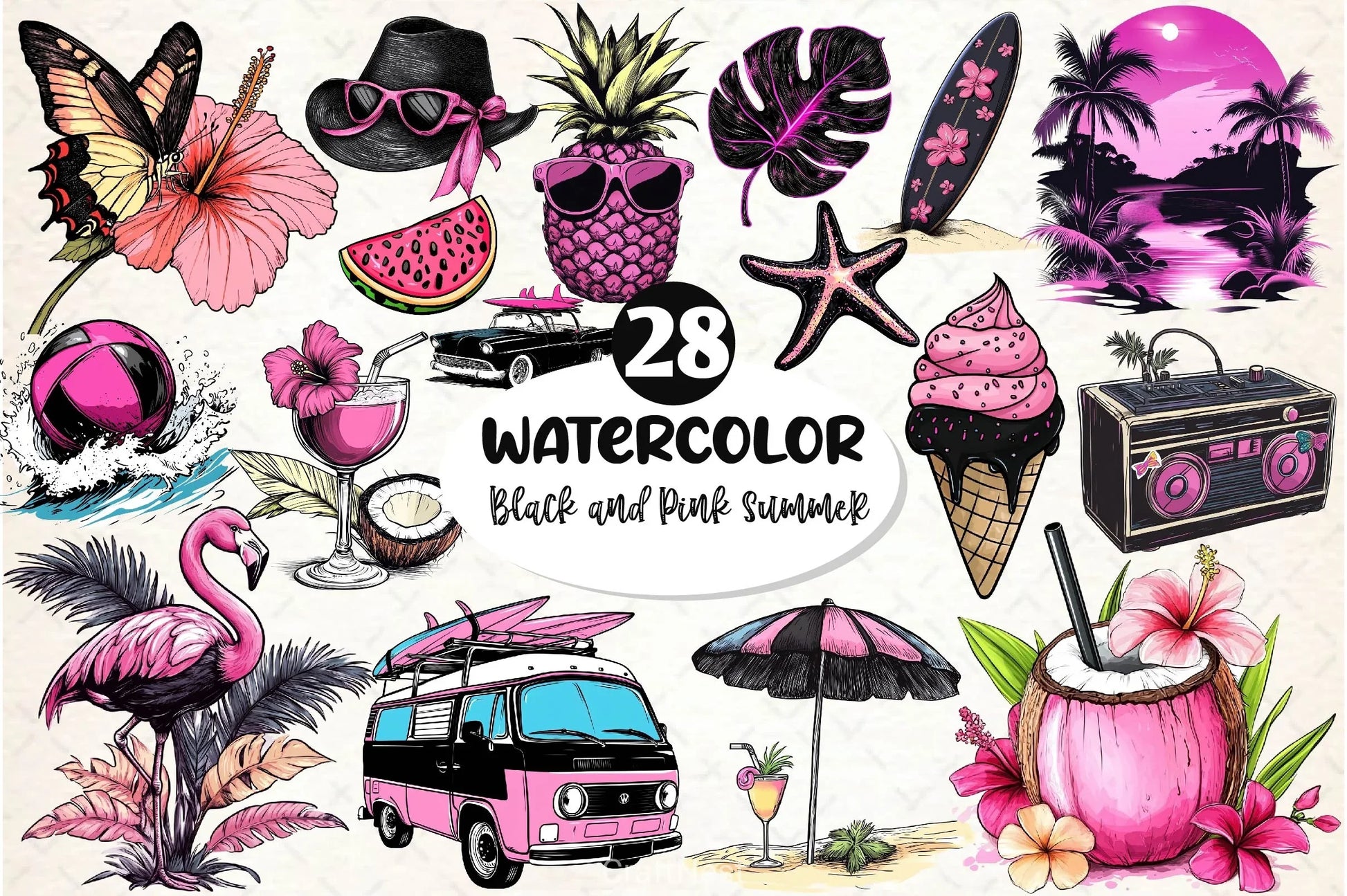 Black And Pink Summer Clipart Bundle 5 - CraftNest - Digital Crafting and Art