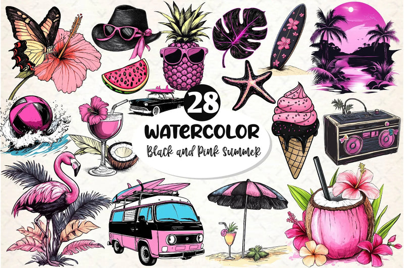 Black And Pink Summer Clipart Bundle 5 - CraftNest - Digital Crafting and Art