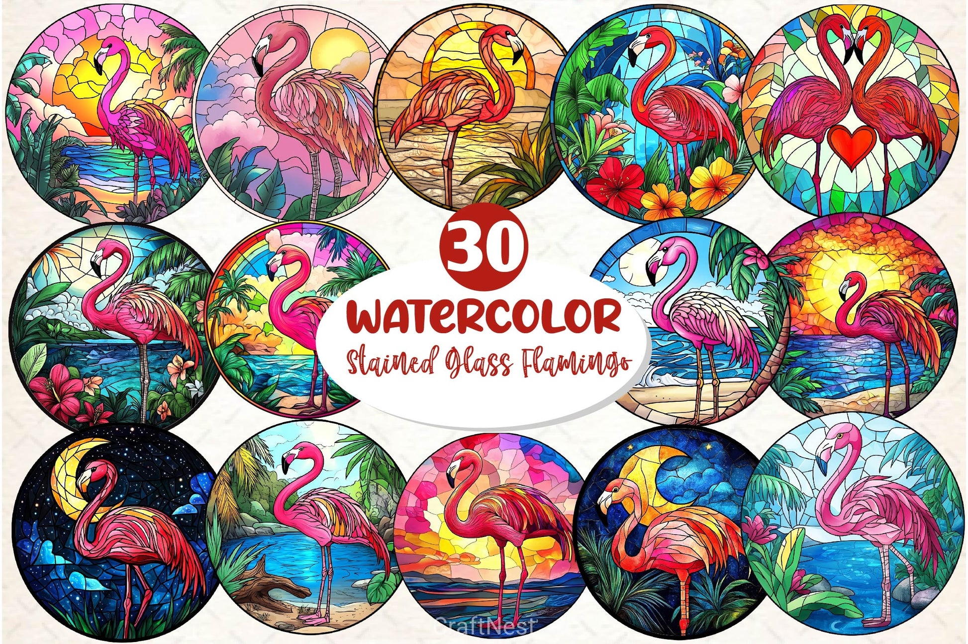 Round Stained Glass Flamingo Clipart Bundle 2 - CraftNest - Digital Crafting and Art